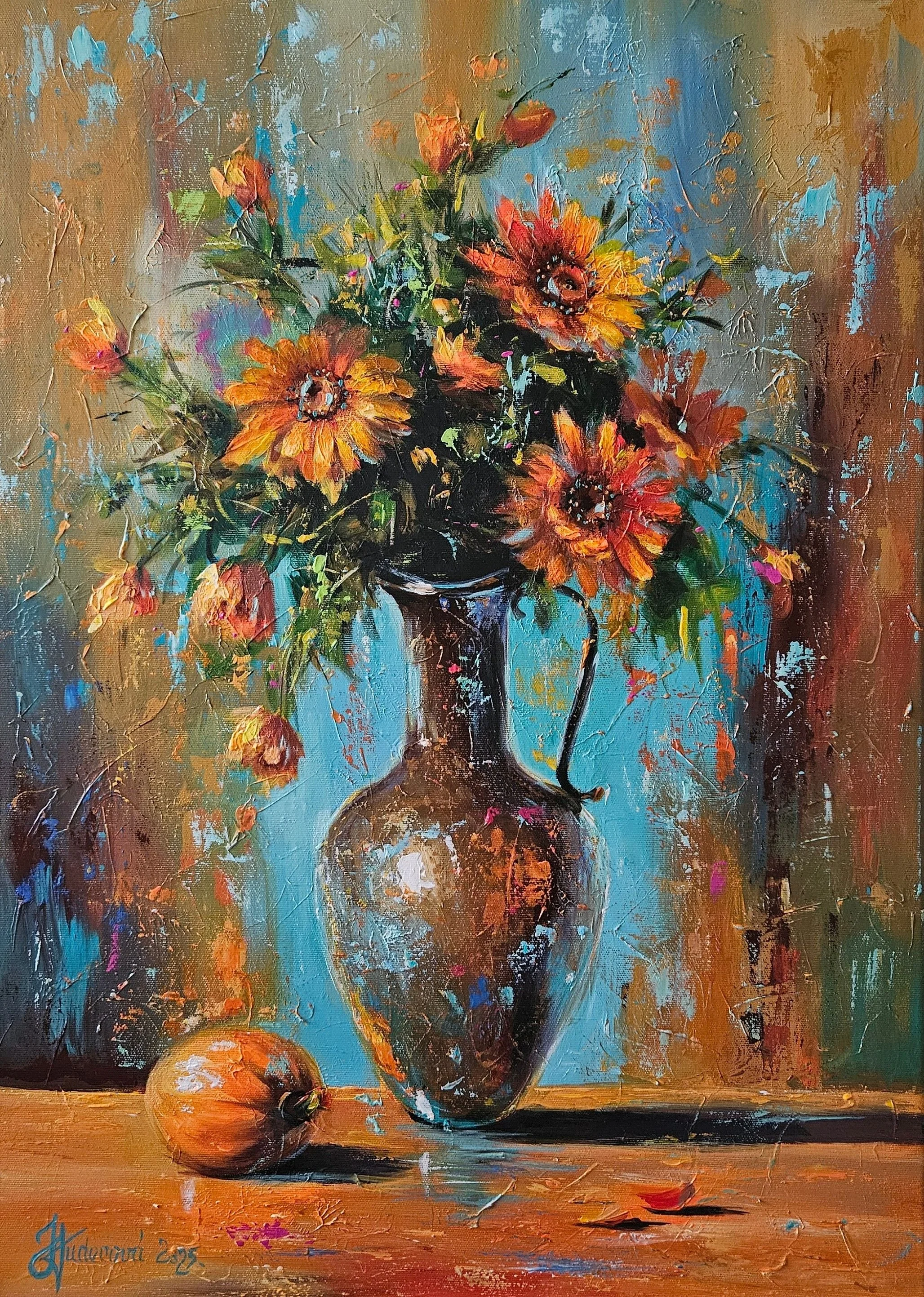 Oranžové kvety v karafe na tyrkysovom antickom pozadí. Ručne maľovaný obraz na predaj.