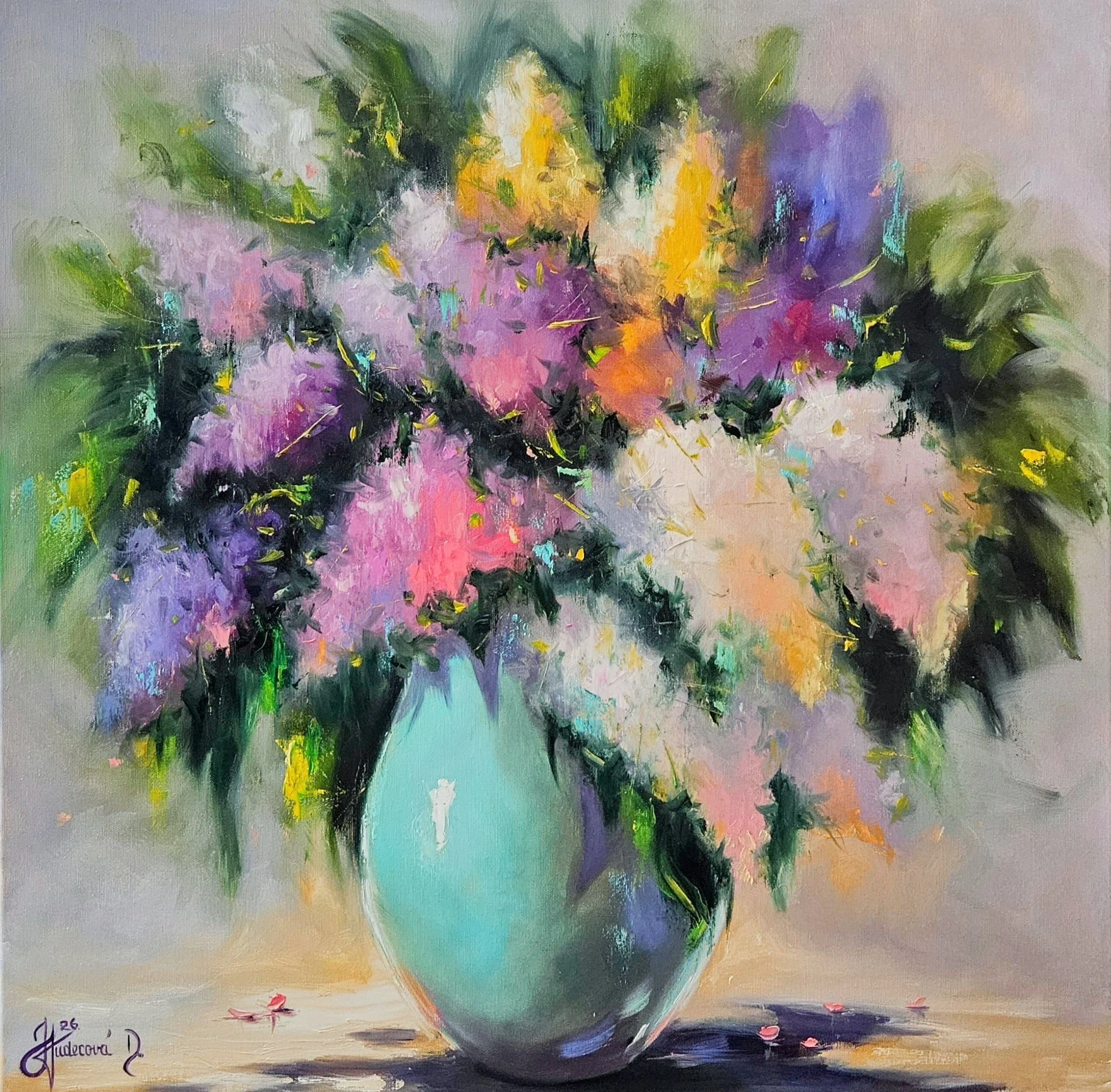 Farebný orgován v tyrkysovej váze. Zátišie s kvetmi. Lilac. Ručne maľovaný obraz na predaj.