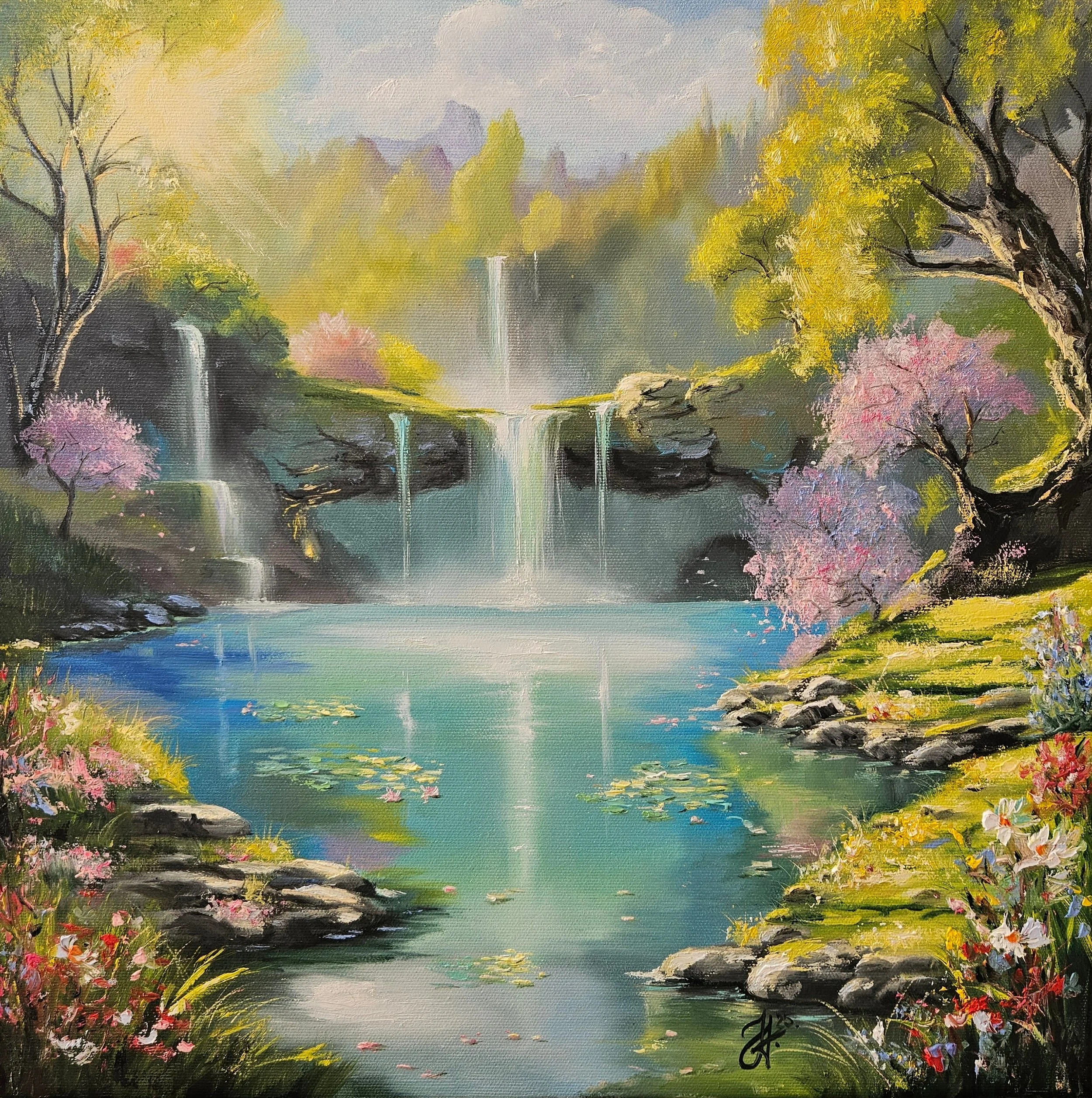 Jarná príroda, vodopády, tyrkysové jazero, slnkom zaliate lúky. Ručne maľovaný obraz na predaj.