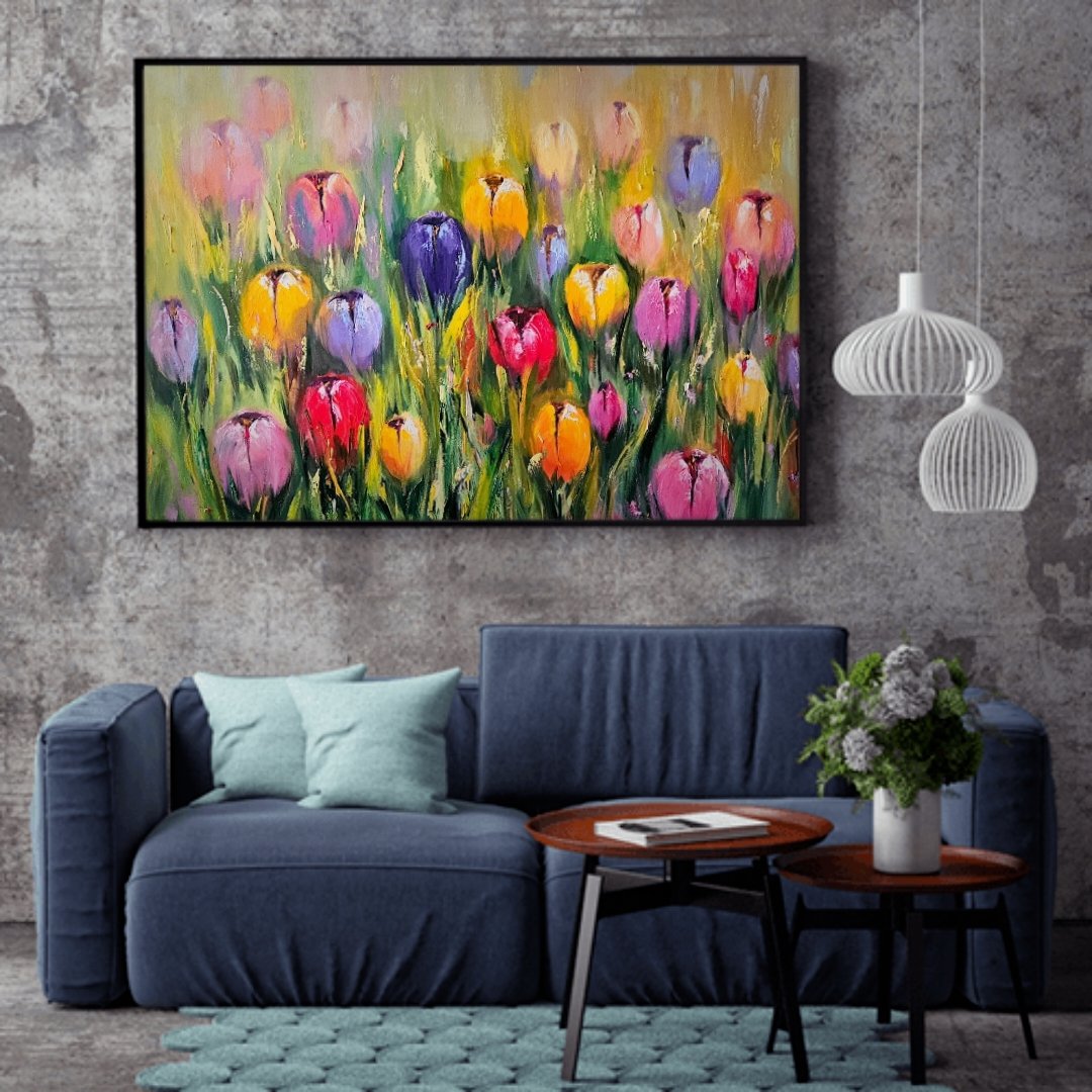 Farebné tulipány v záhrade. Moderný obraz s kvetmi. Ručne maľovaný obraz na predaj.