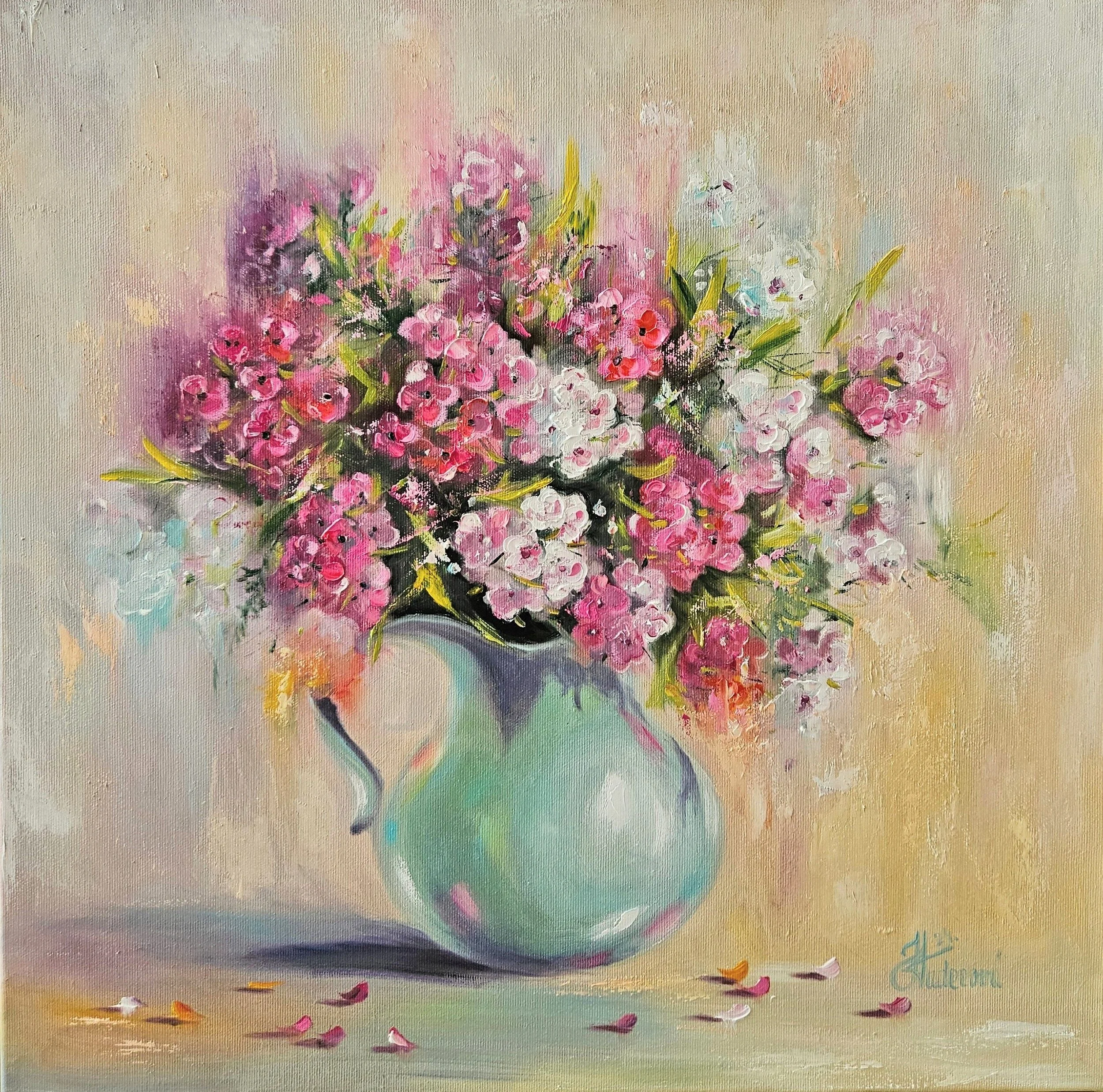 Farebná kytica kvetov  v tyrkysovej váze. Zátišie s kvetmi. Floksy. Flowers painting.