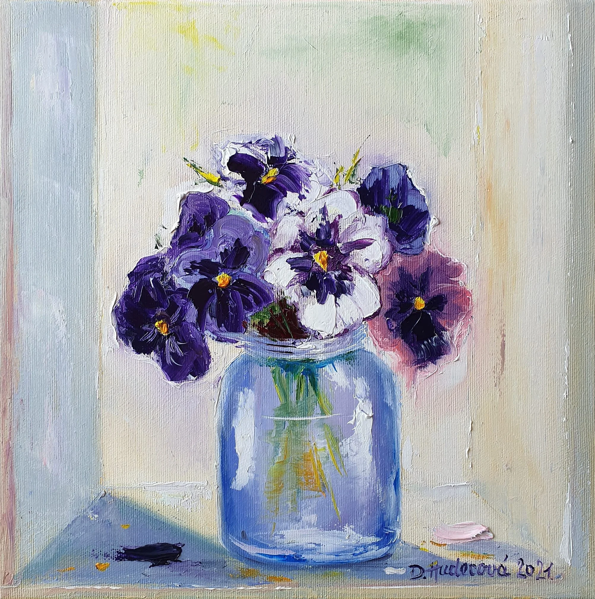 Sirôtky vo váze. Zátišie s kvetmi. Ručne maľovaný obraz s kvetmi na predaj.