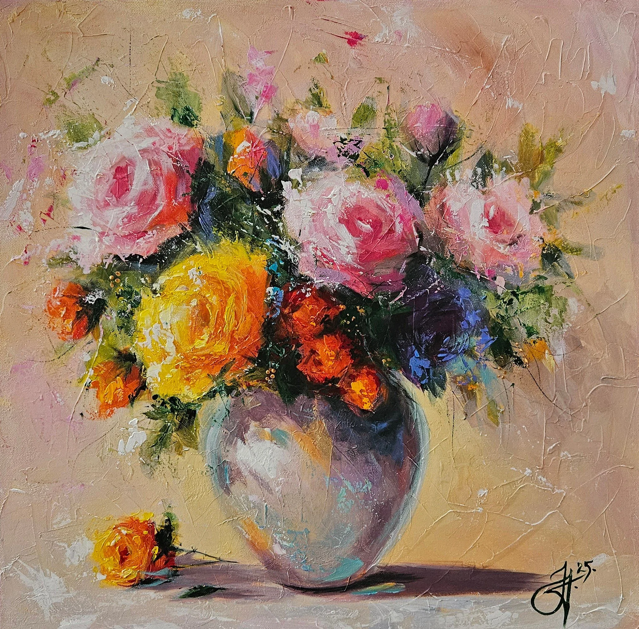 Farebná kytica ruží vo váze. Zátišie s kvetmi. Ručne maľovaný obraz na predaj.