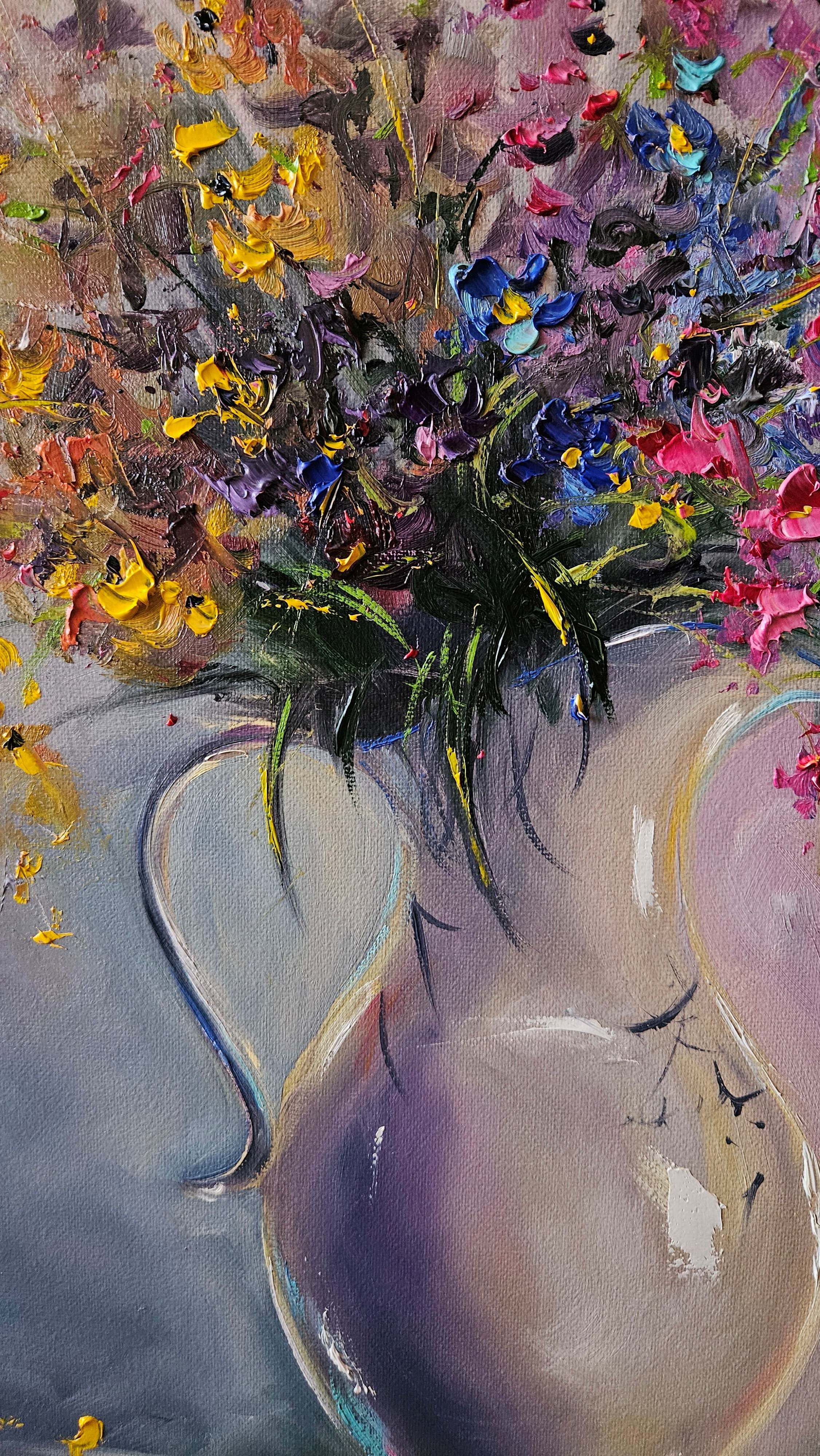 Kytica lúčnych kvetov v džbáne. Romantický vintage obraz. Ručne maľovaný obraz na predaj.