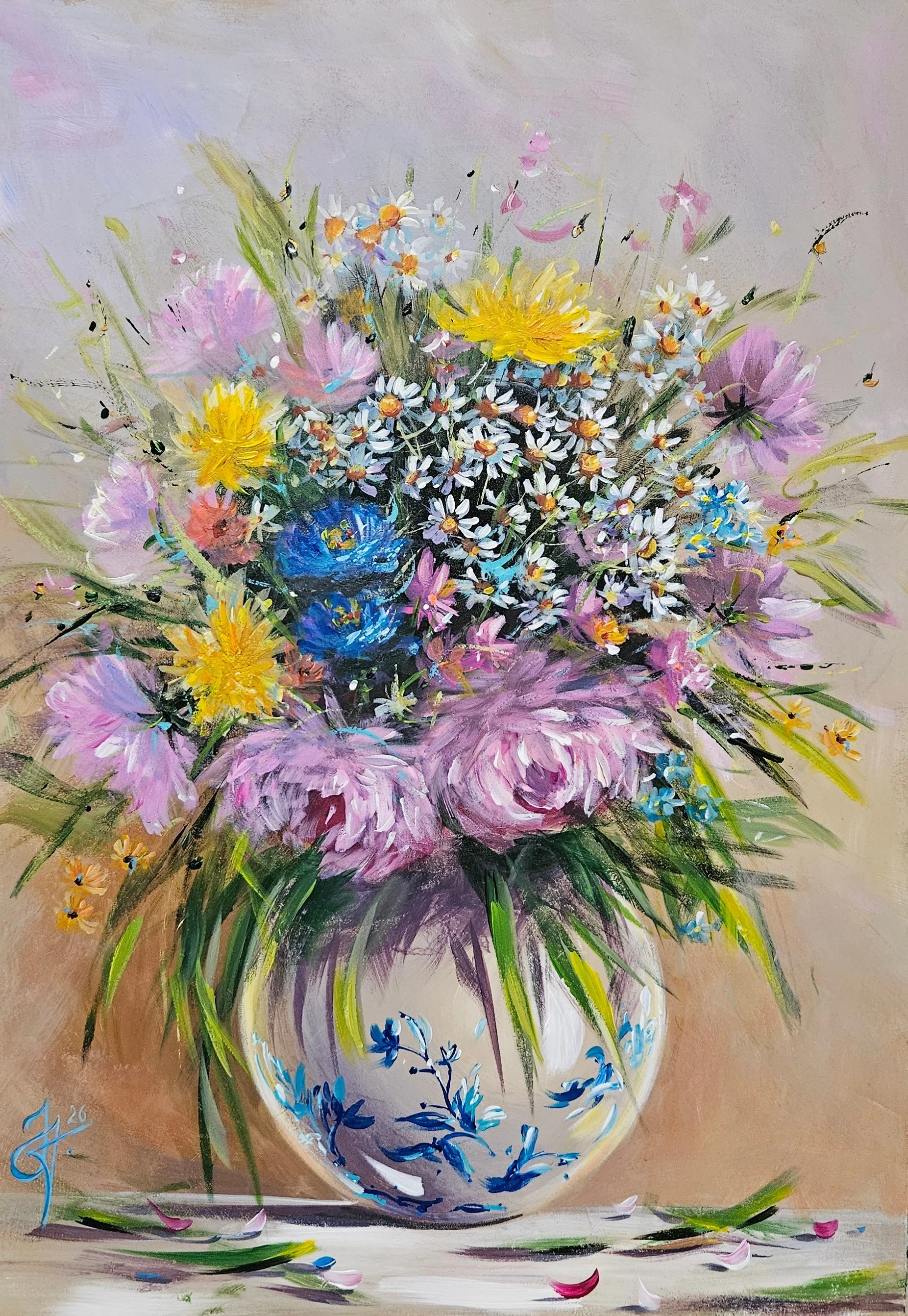 Letná kytica v maľovanej váze - 36x50 cm