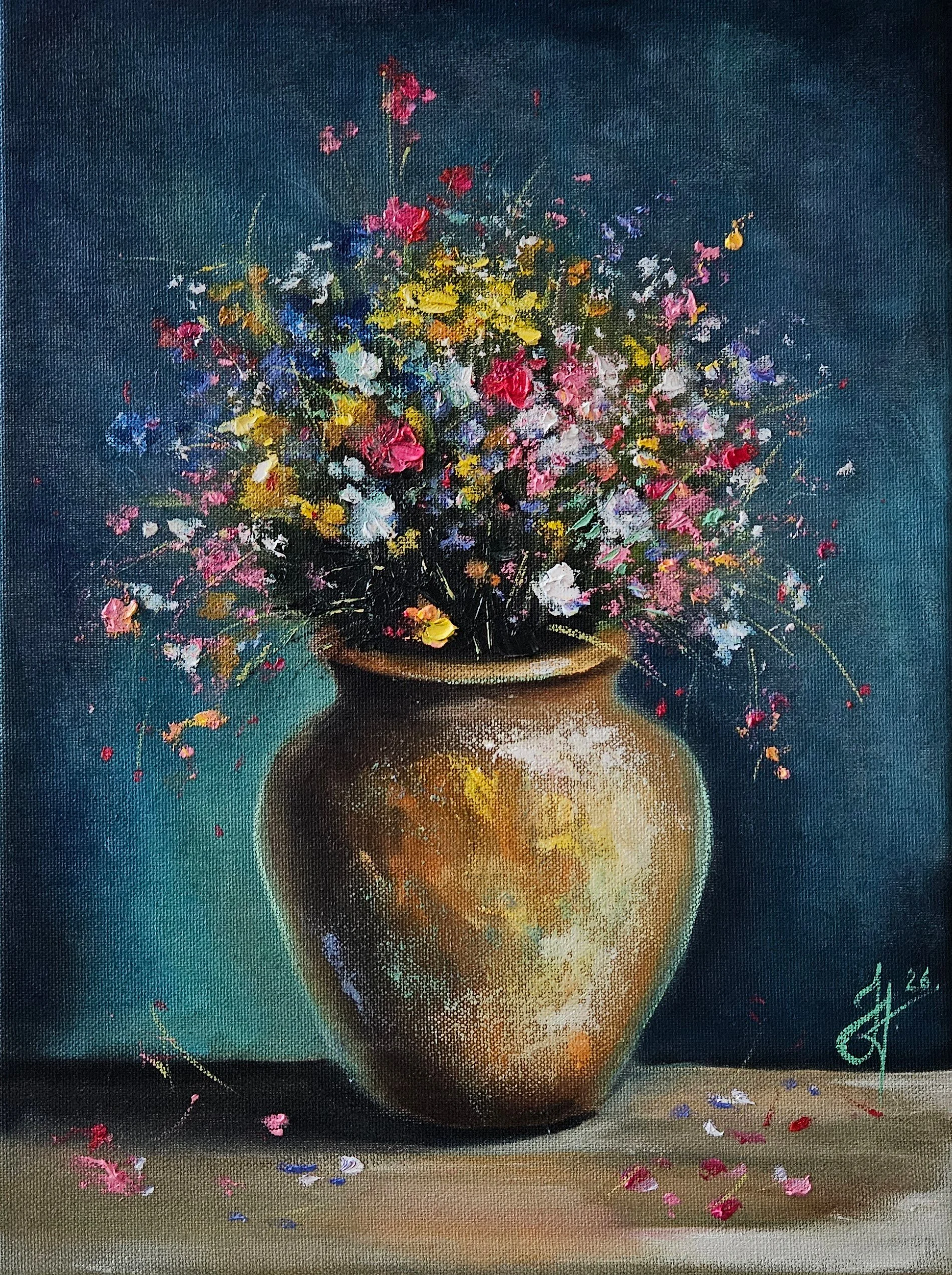 Zátišie s lúčnymi kvetmi. Poľné kvety v džbáne. Ručne maľovaný obraz na predaj.