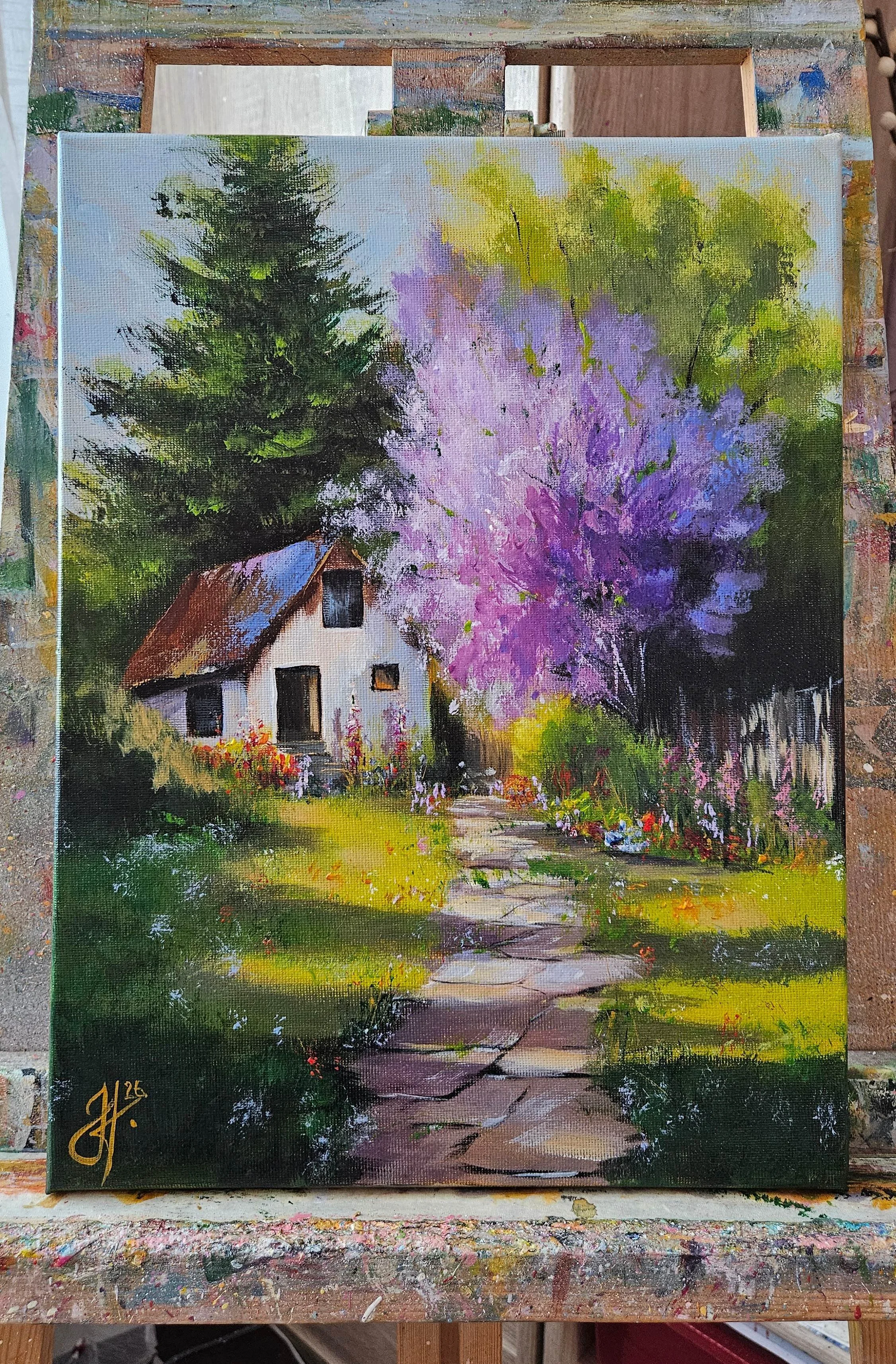 Domček v prírode. Orgován, chalúpka, letný deň na vidieku. Ručne maľovaný obraz na predaj.