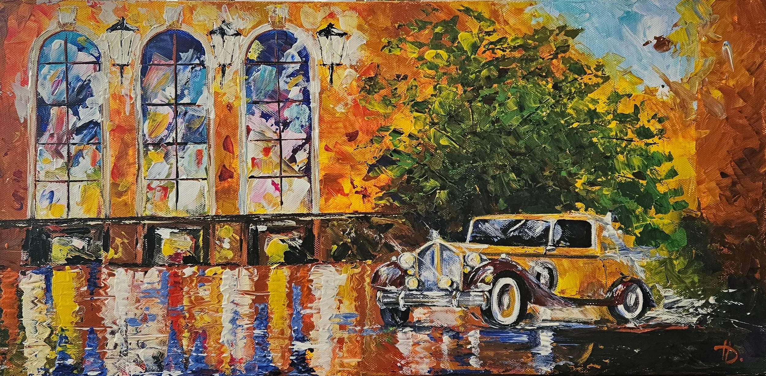 Historické auto - veterán pred operou. Impresionizmus. Ručne maľovaný obraz na predaj.