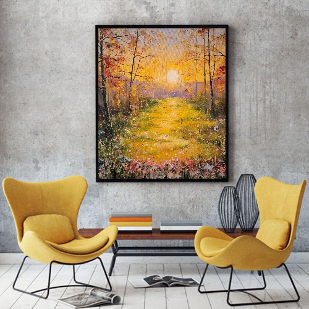 Slnečné ráno na čistinke v lese. Stromy, kvety, príroda. Ručne maľovaný obraz na predaj.