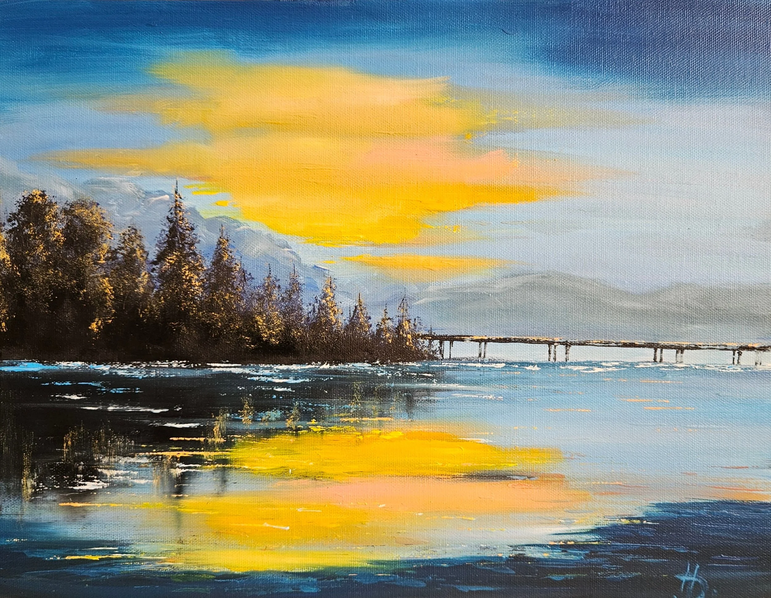 Ručne maľovaný obraz. Večerný záliv, západ slnka a mólo. More a letný večer.