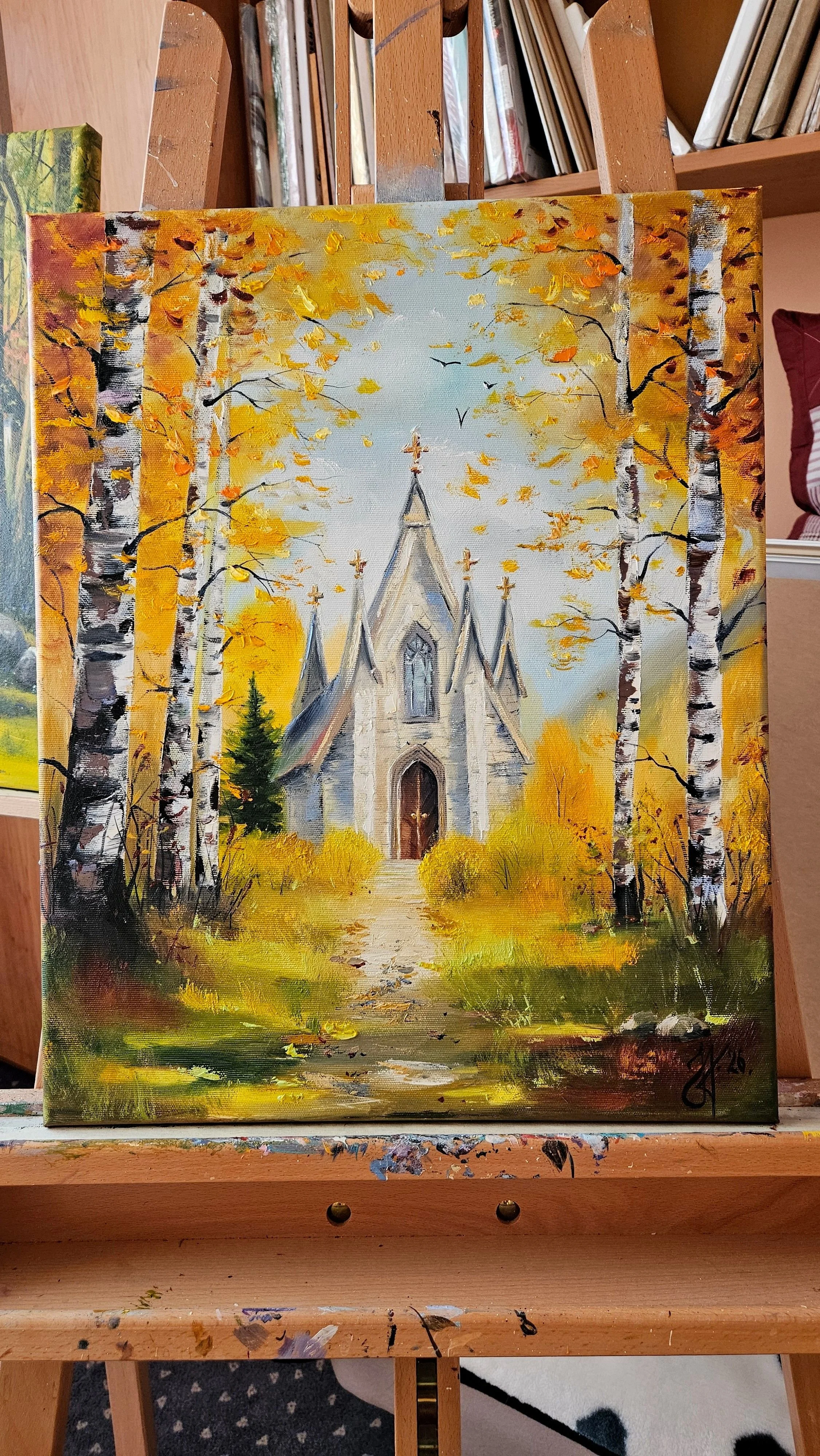 Kostolík v lese uprostred letnej prírody. Ručne maľovaný obraz na predaj.