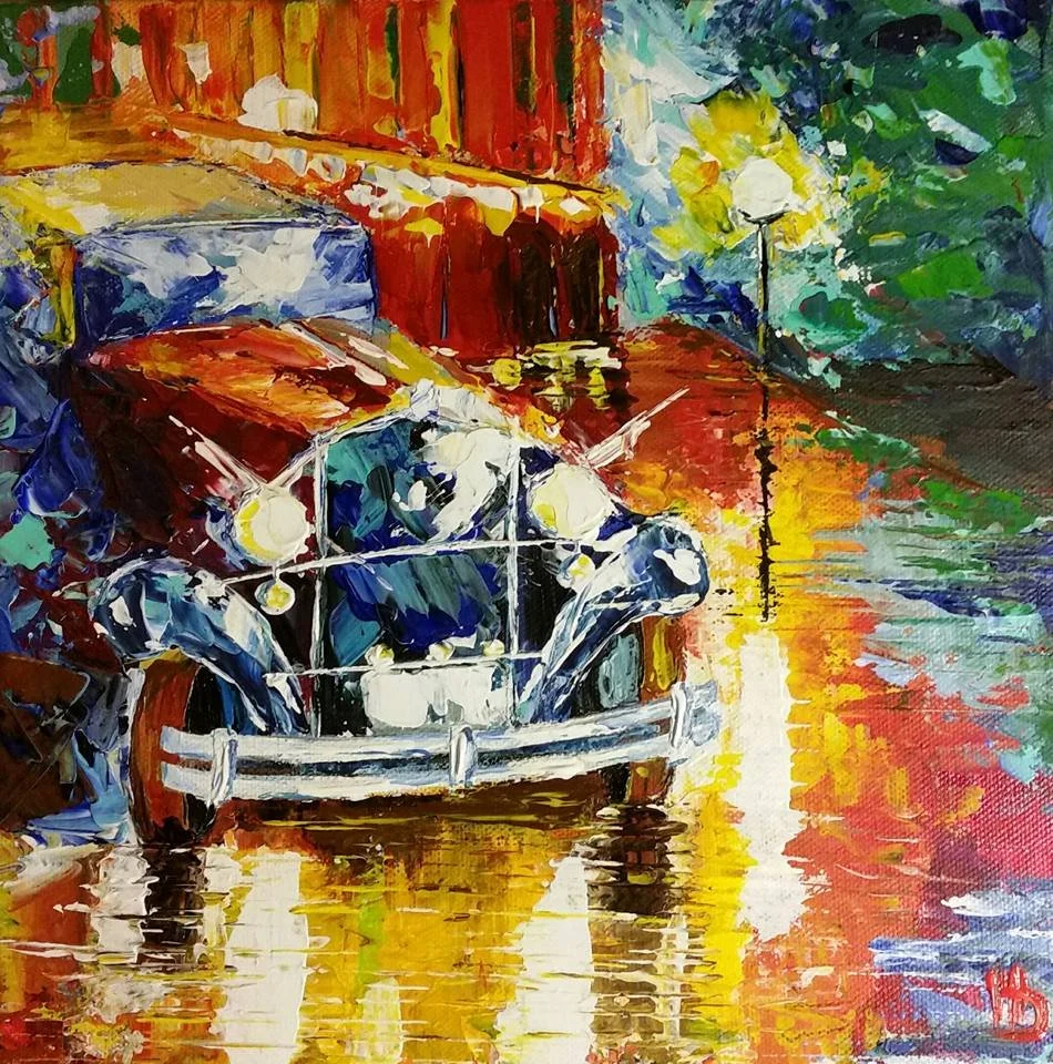 Historické auto - veterán. Impresionizmus. Ručne maľovaný obraz na predaj.