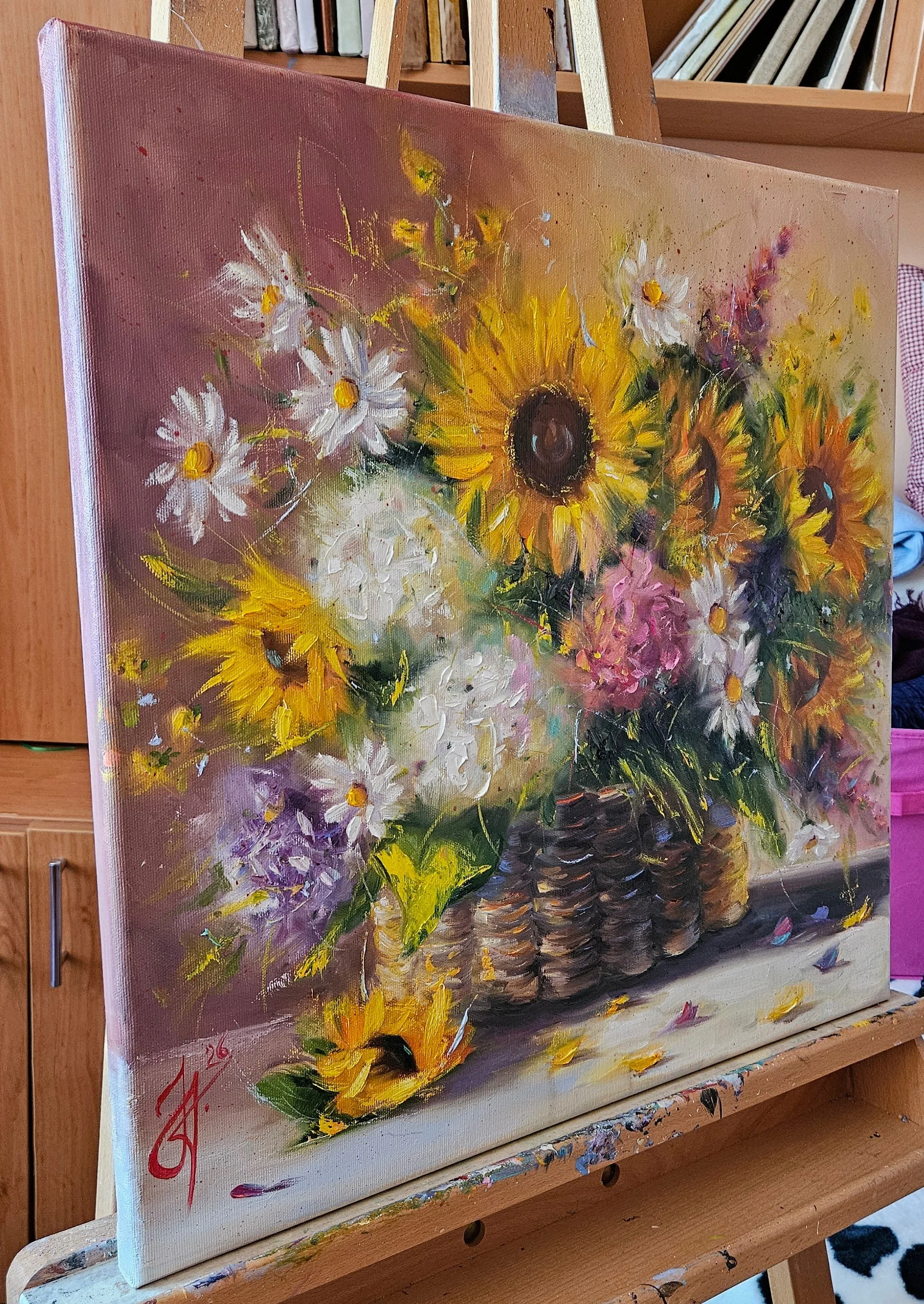 Slnečnice v slamenom košíku. Vintage obraz. Zátišie s kvetmi. Ručne maľovaný obraz olejom na plátne, na predaj. 
