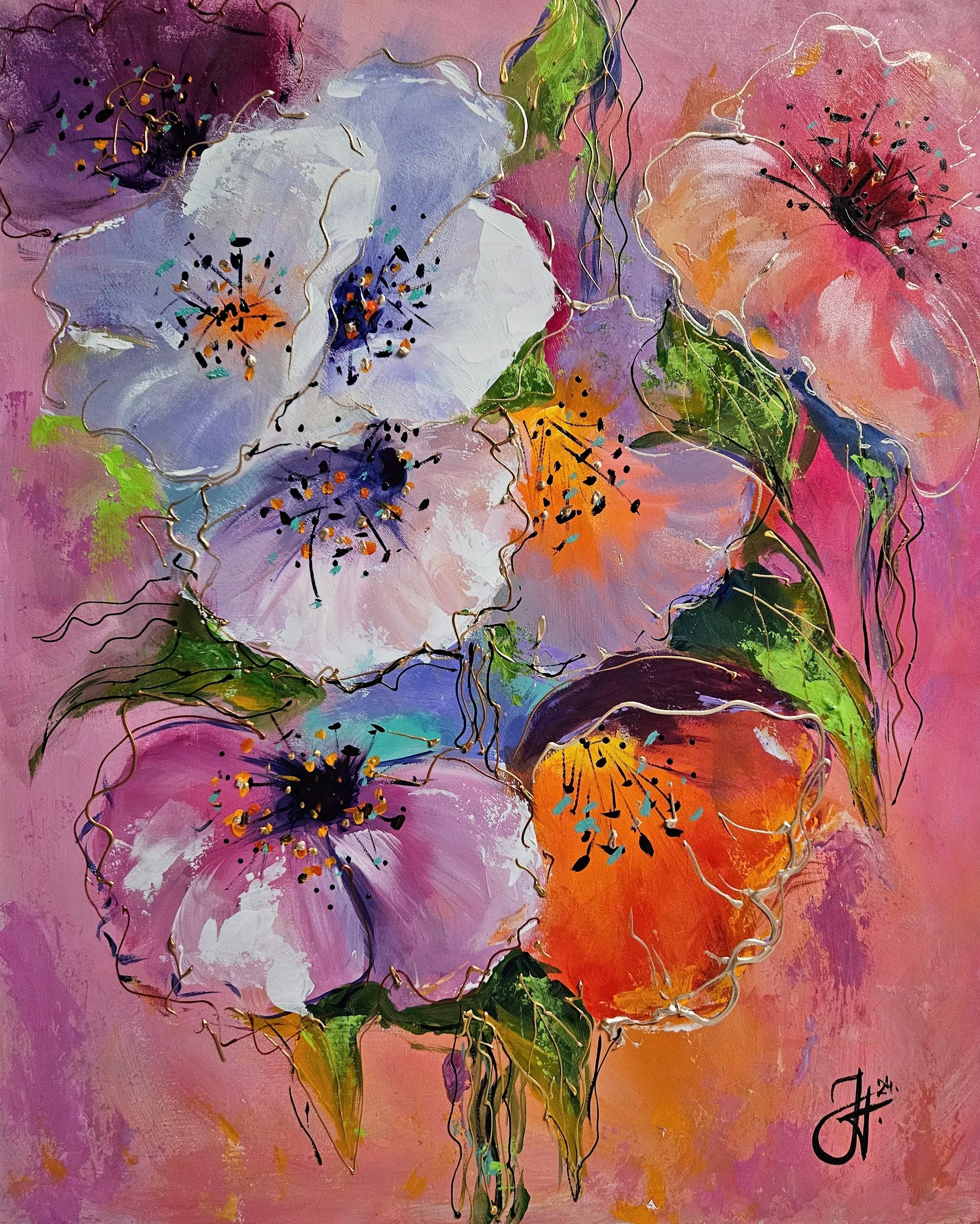 Ružový a biely ibištek. Ručne maľovaný moderný obraz  kvetov so zlatými odleskami.