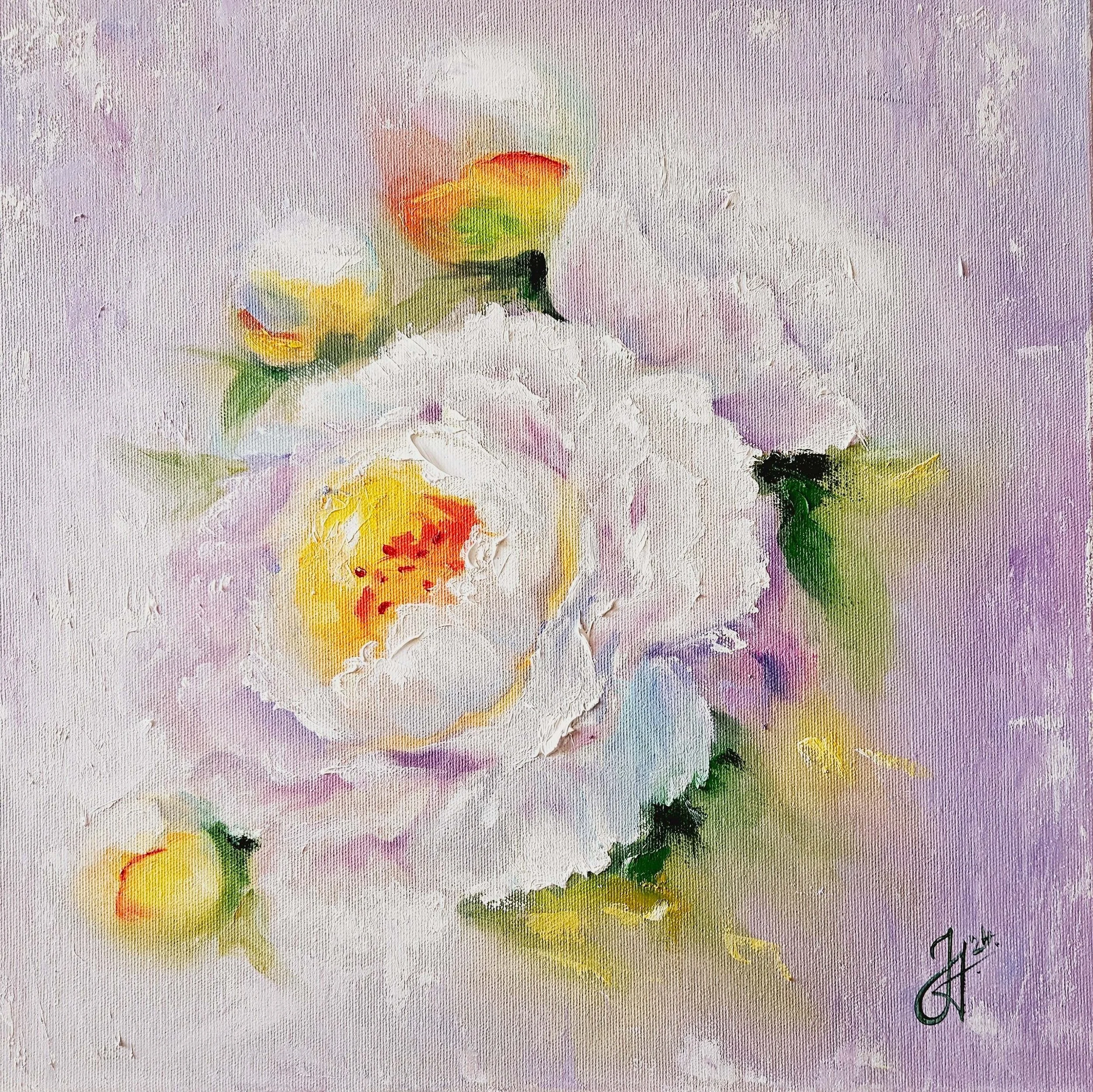 Kvet pivónie na obraze. Biela pivónia  na fialovom podklade. Vintage style. Peony painting.