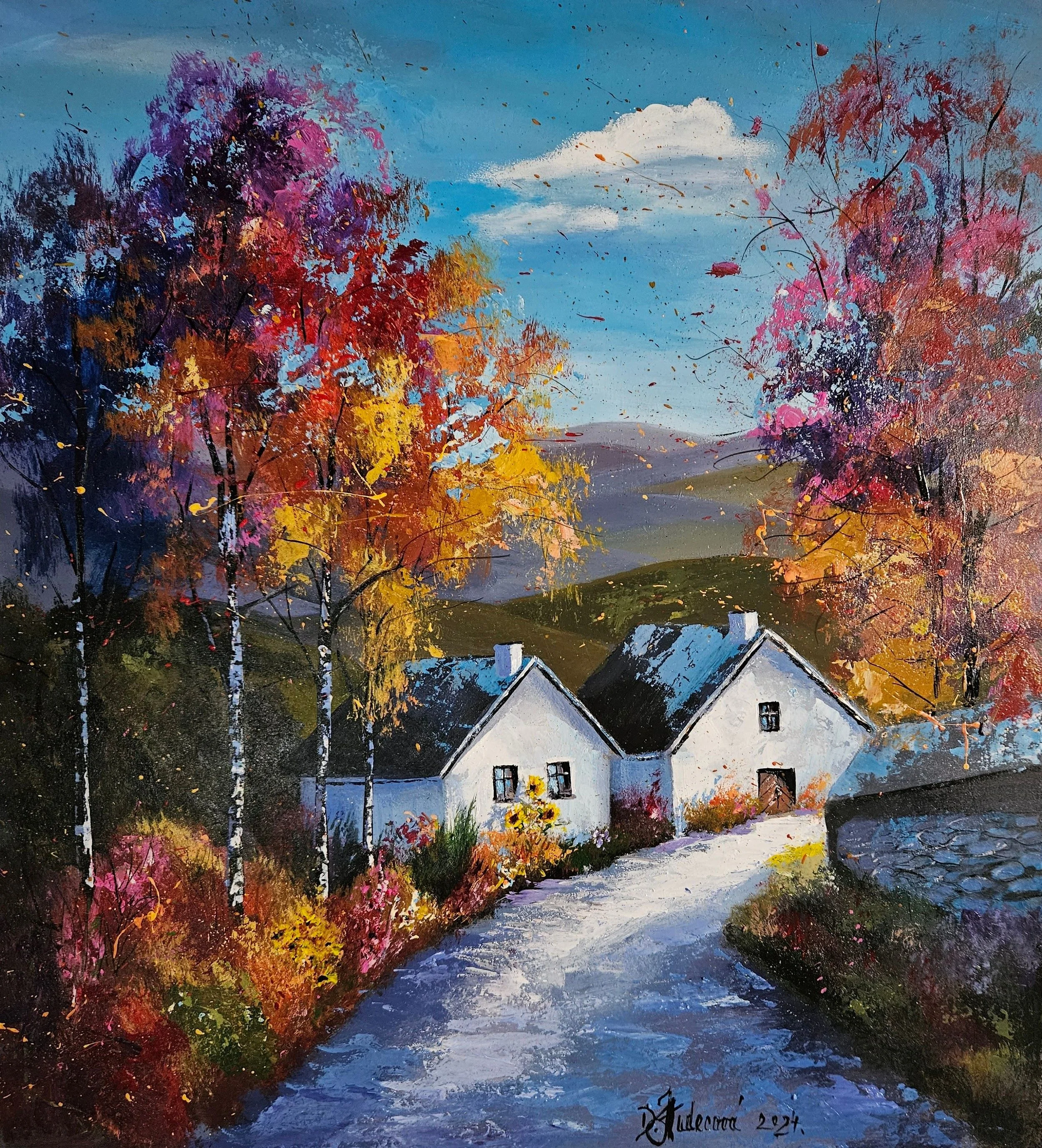 Ručne maľovaný obraz s jesennou prírodou , domčekami,  brezami a kvetmi. Jeseň na vidieku.