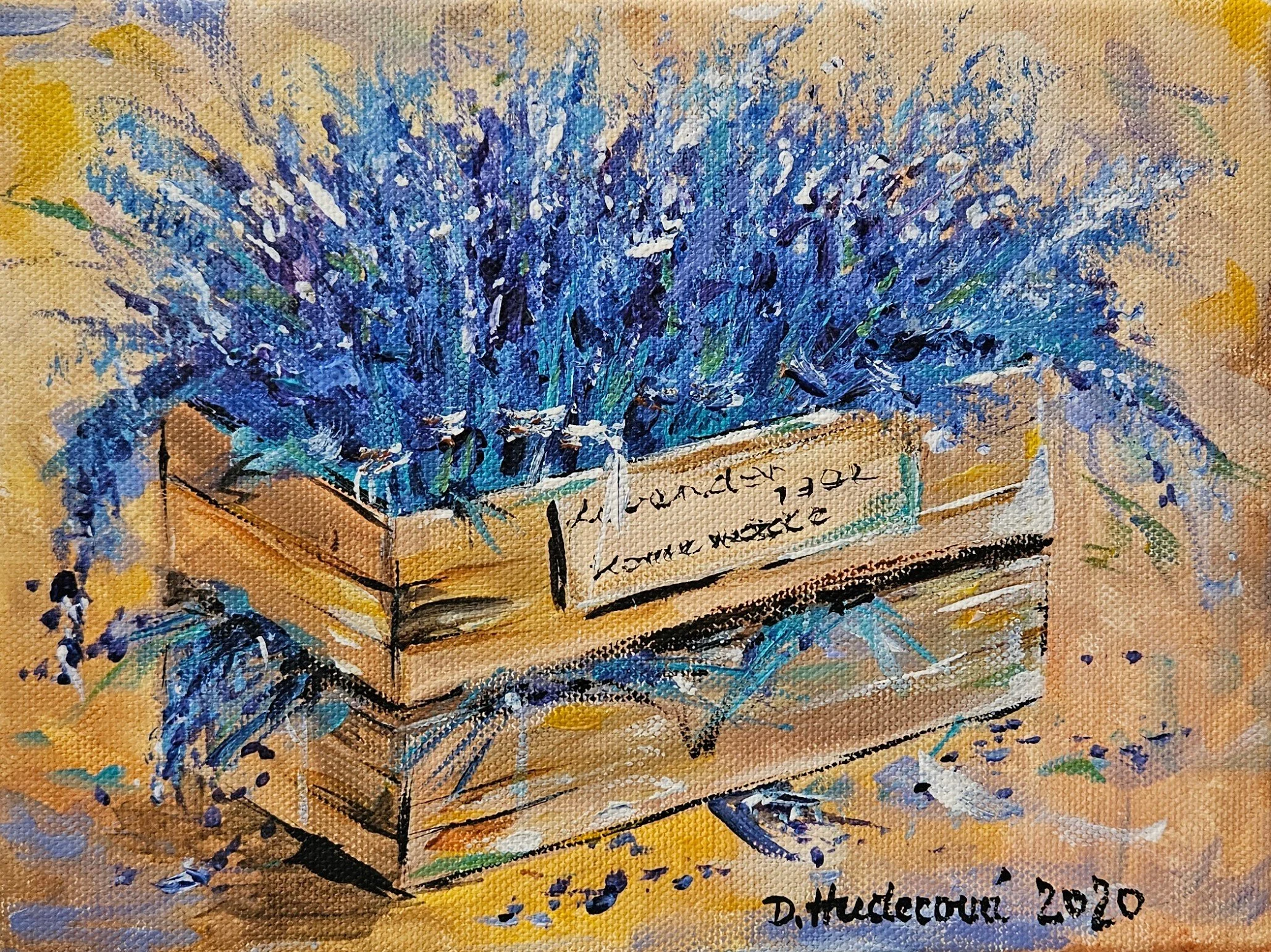 Levandule v drevenej bedničke. Vintage obraz na chalupu . Ručne maľovaný obraz s kvetmi.