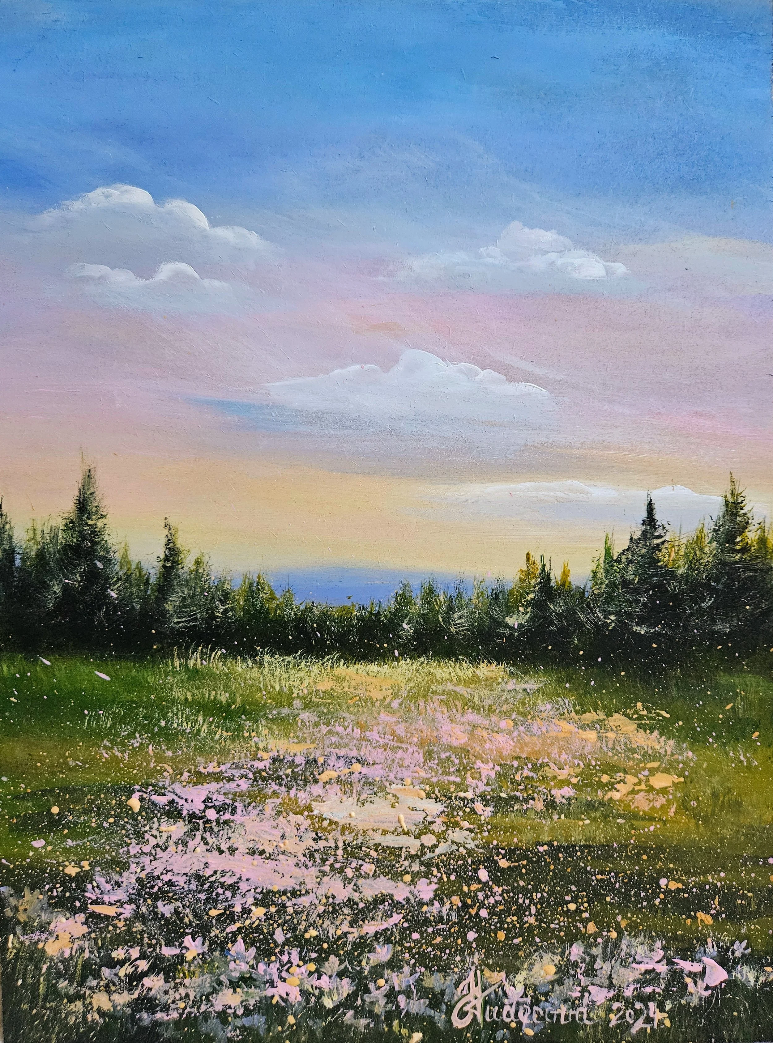 Ručne maľovaný obraz s letnou lúkou plnou kvetov pri západe slnka. Príroda v lete.