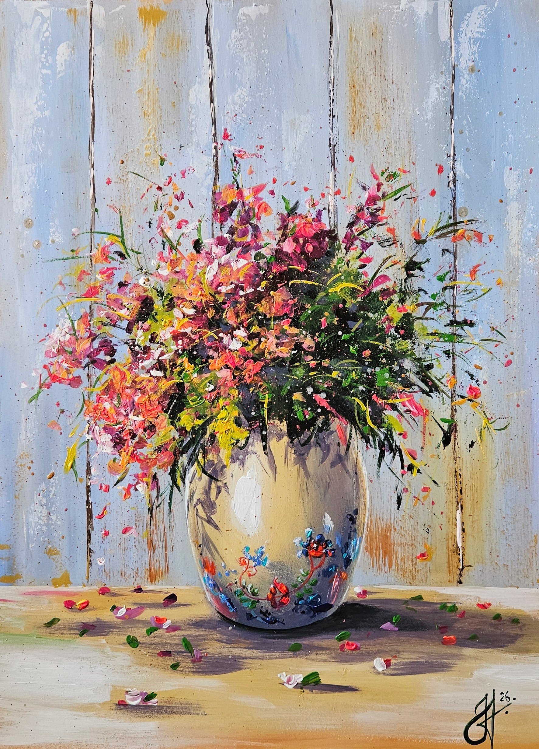 Lúčne kvety v maľovanom džbáne. Zátišie s kvetmi. Ručne maľovaný vintage obraz na predaj.