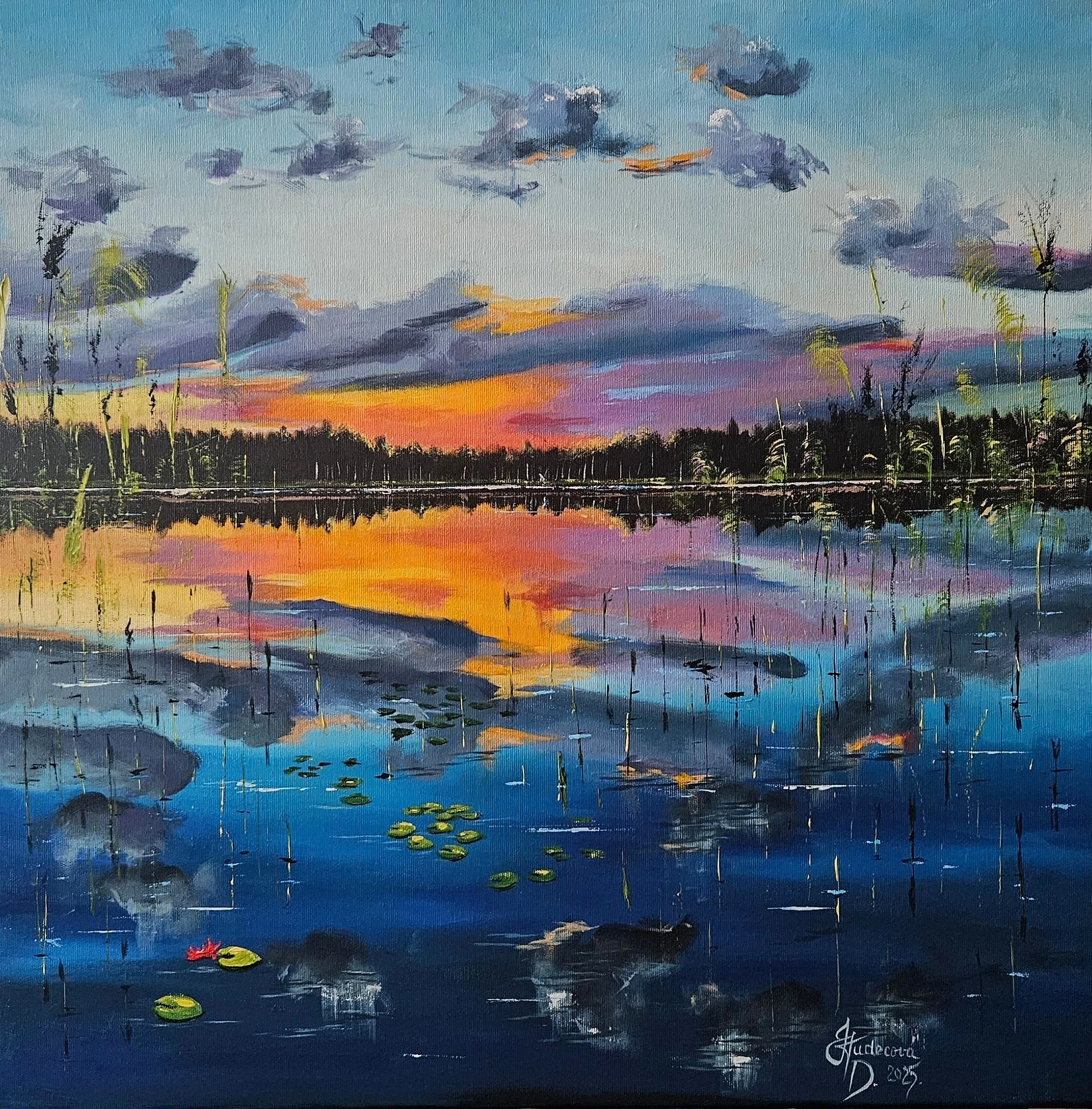 Letný večer v zálive. Oranžová obloha, odrazy vo vode, rákosie, stromy. Ručne maľovaný obraz na predaj.