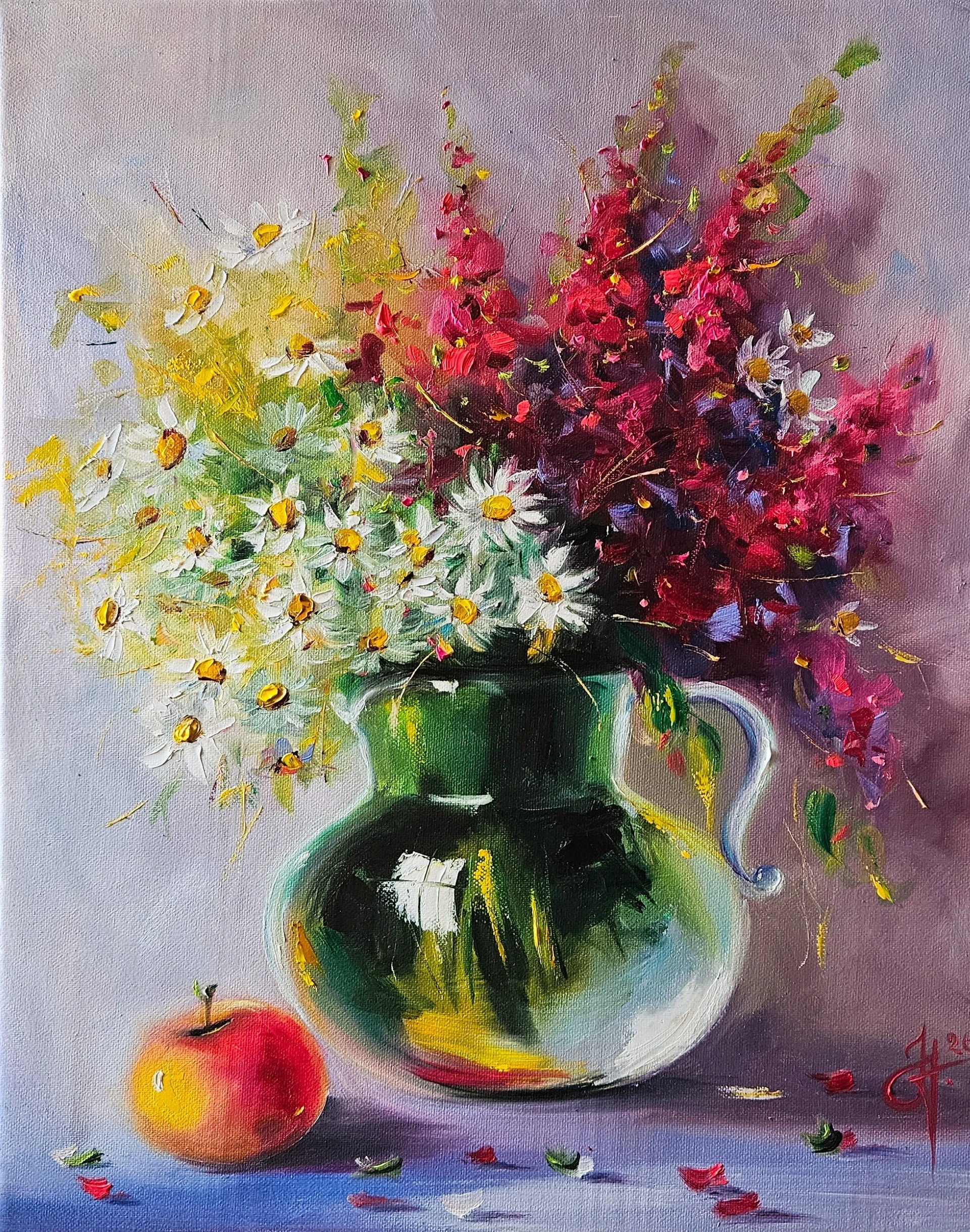 Biele a červené poľné kvety v džbáne - 40 x 50 cm