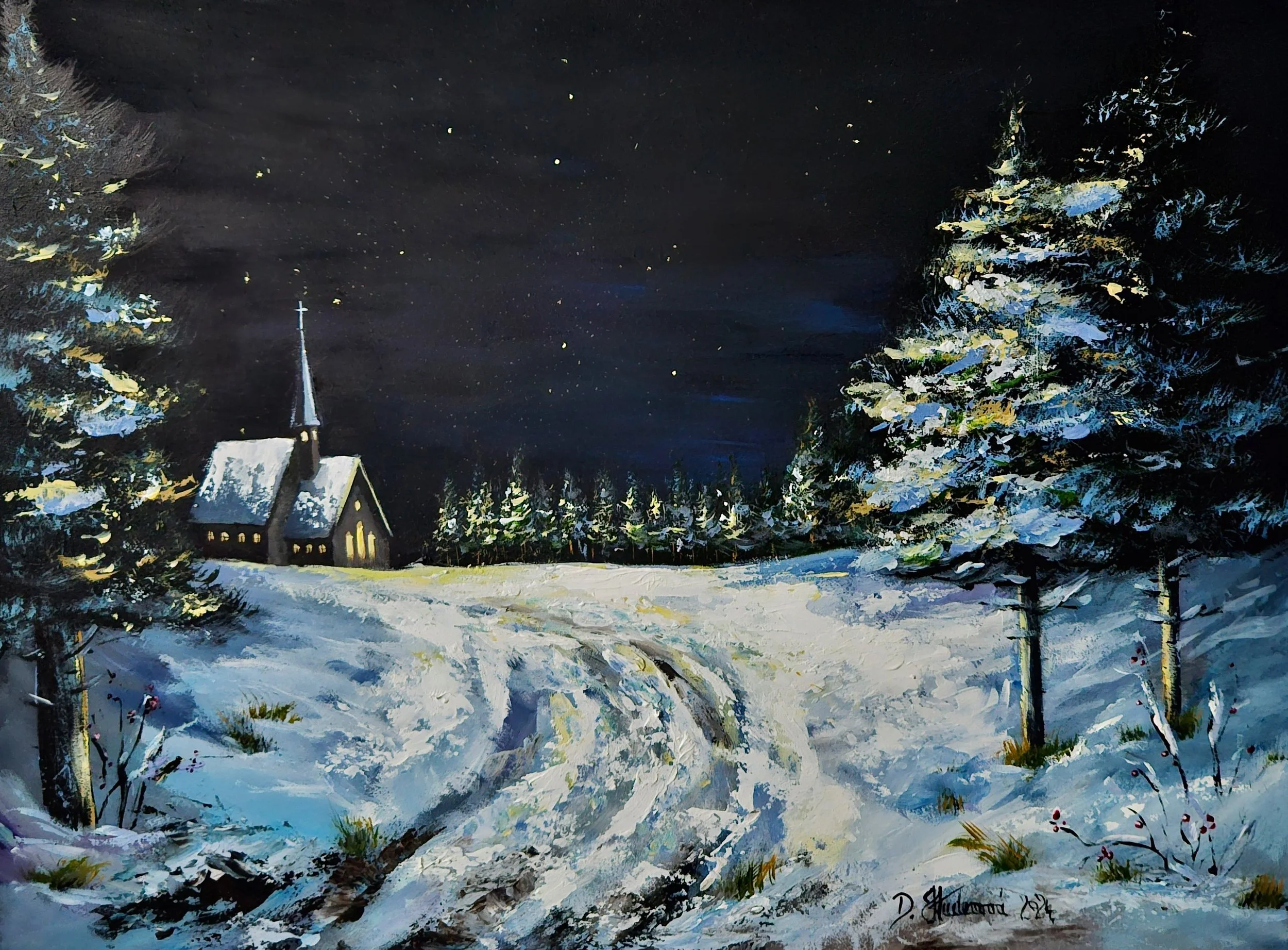 Ručne maľovaný obraz  na tému Vianoce, Tichá noc. Zimná večerná príroda, stromy, sneh, kostol.