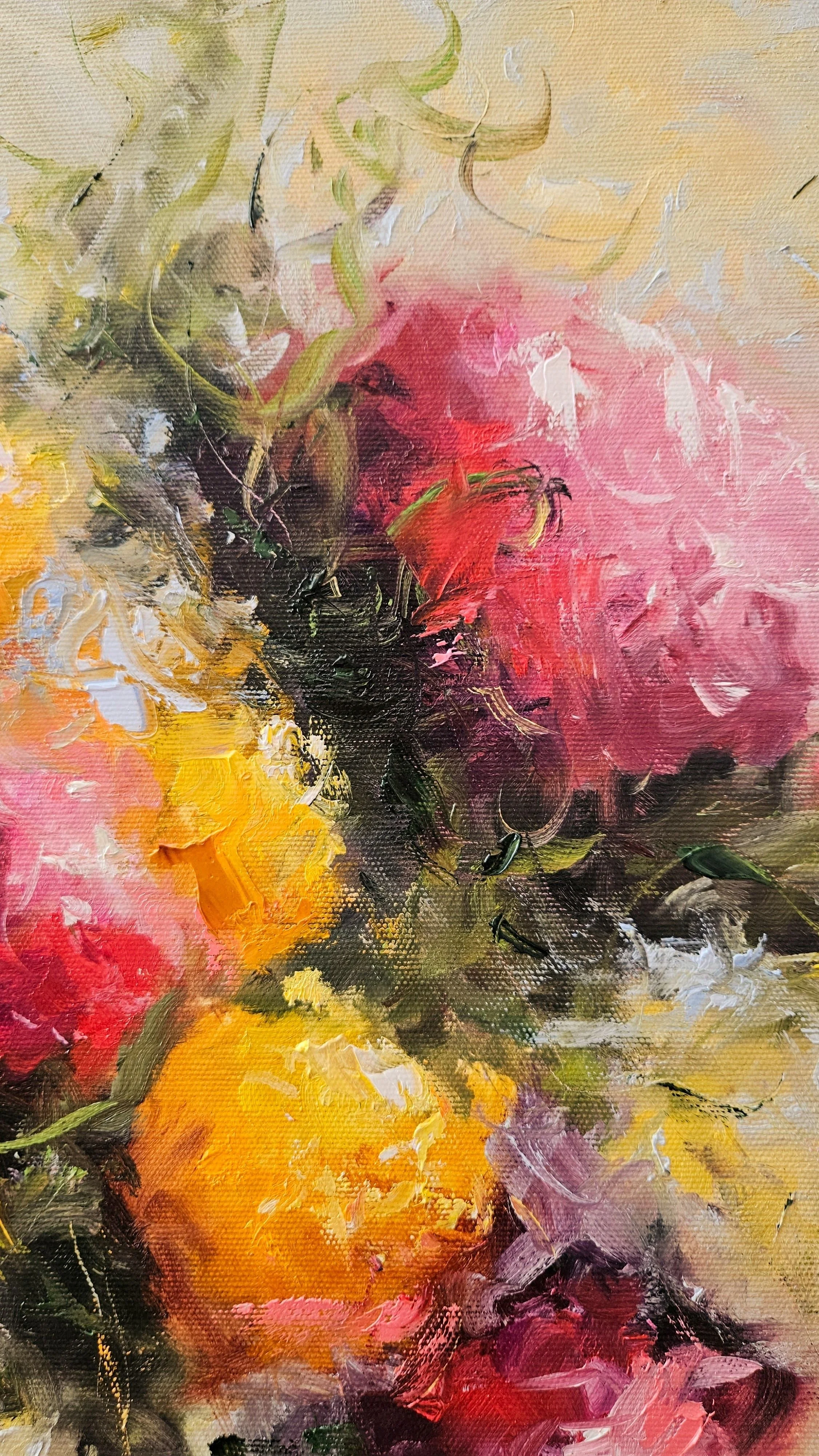 Žlté a ružové kvety. Ručne maľovaný obraz na predaj. Zátišie s kvetmi.