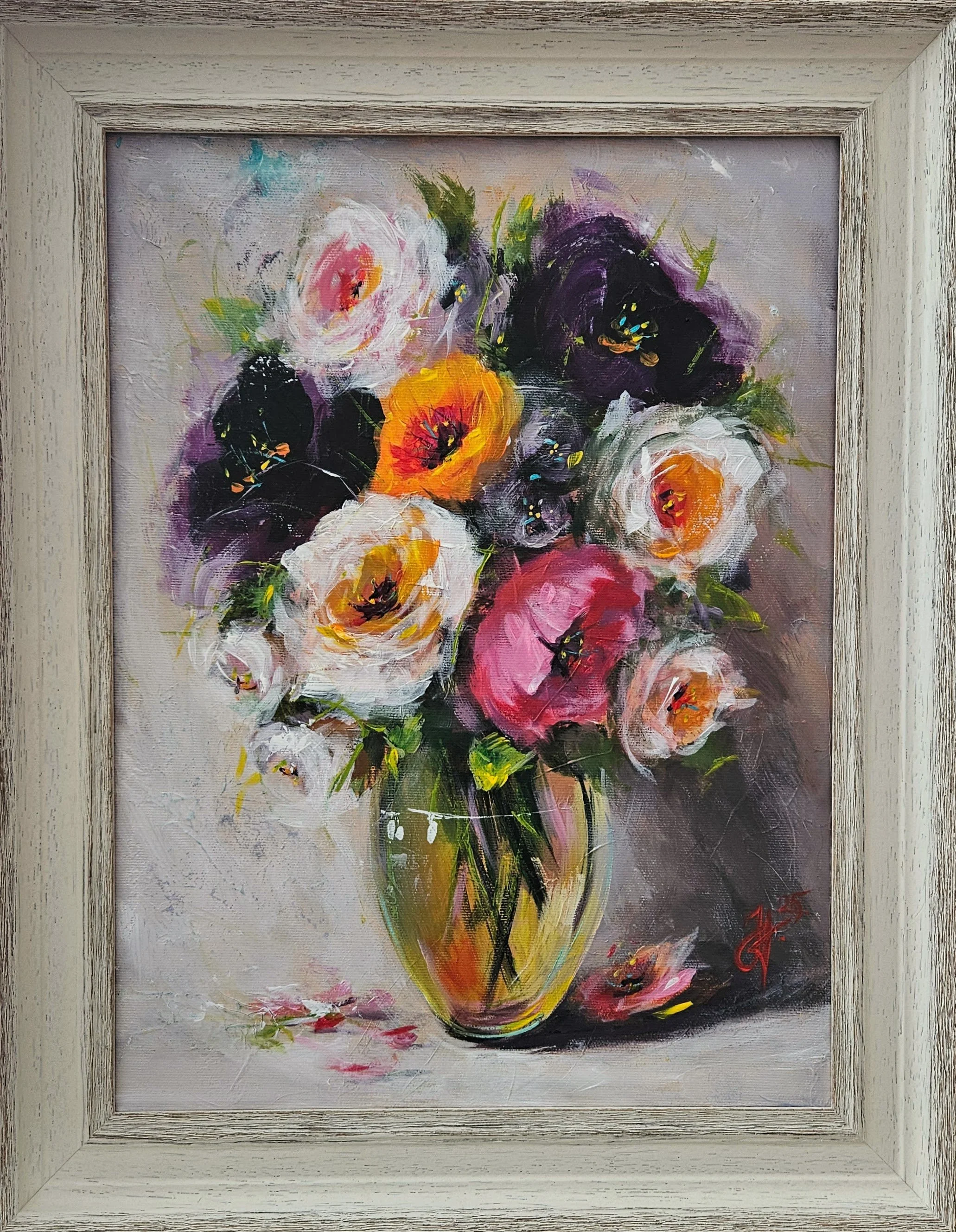 Letné farebné kvety vo váze. Zátišie s kvetmi. Ručne maľovaný obraz na predaj.