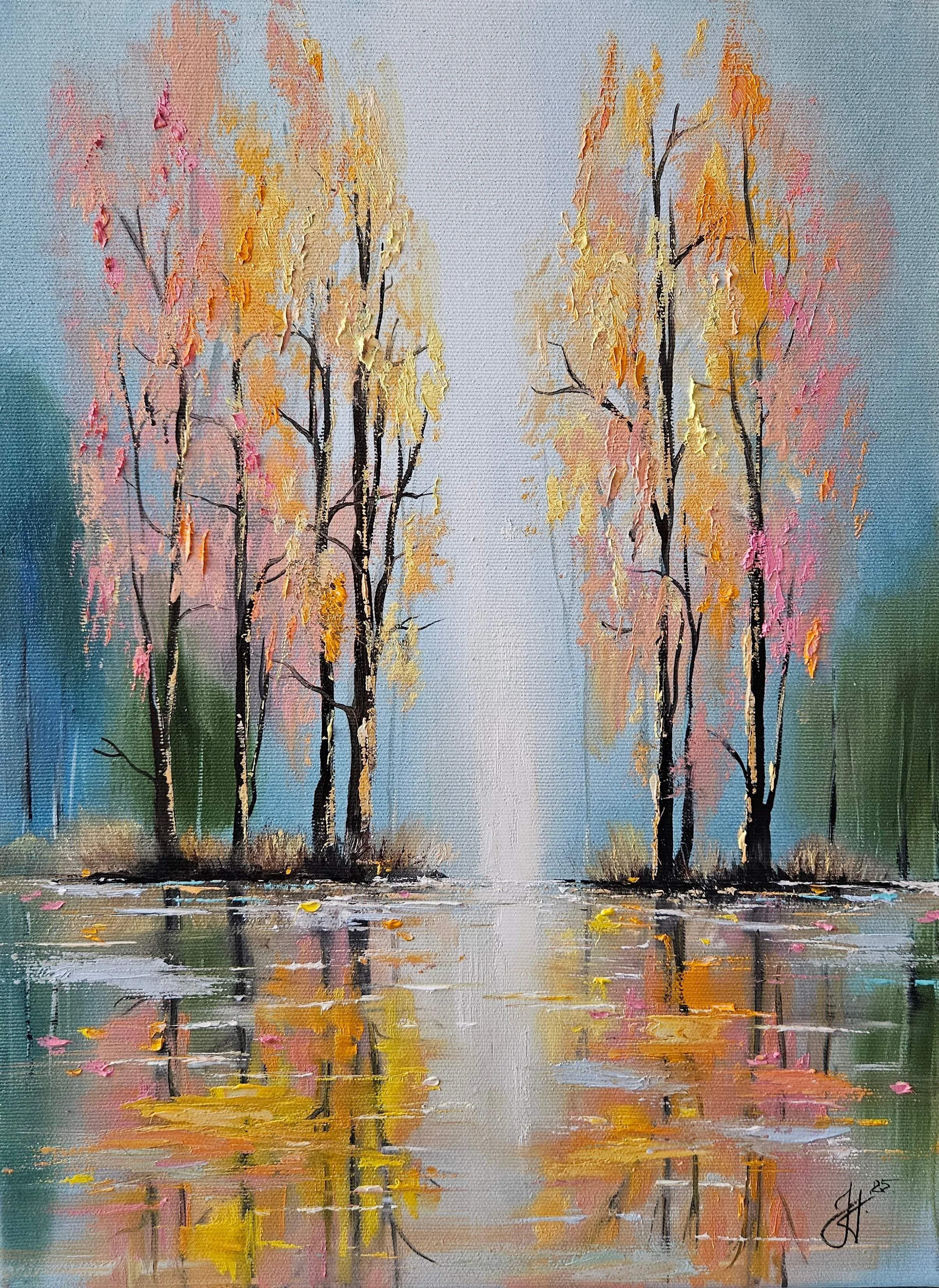 Stromy pri vode. Ružové a žlté listy na stromoch v prírode. Ručne maľovaný obraz na predaj.