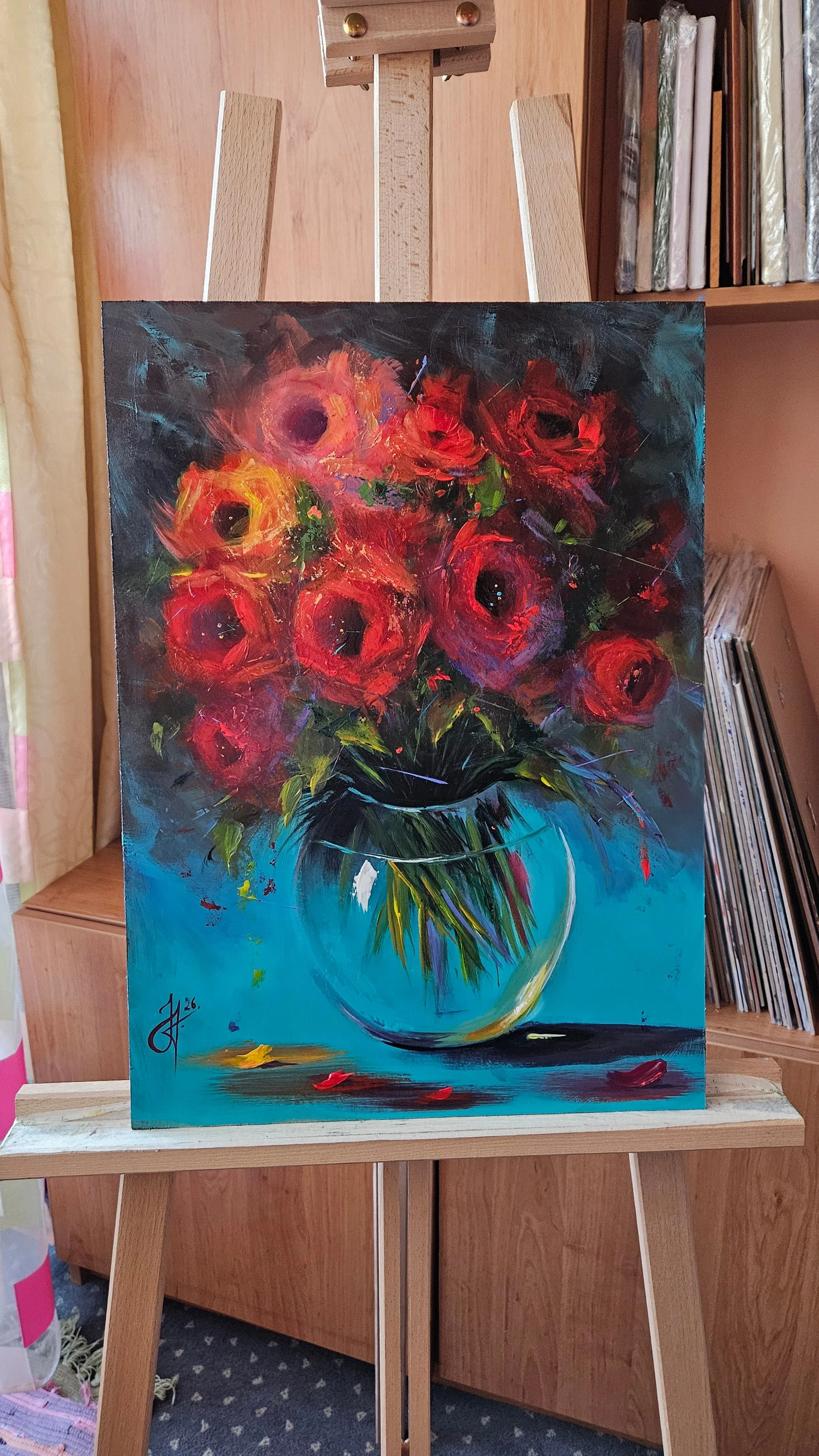 Červené ruže na tyrkysovom pozadí. Kvety vo váze. Zátišie s kvetmi. Ručne maľovaný obraz na predaj. Roses.