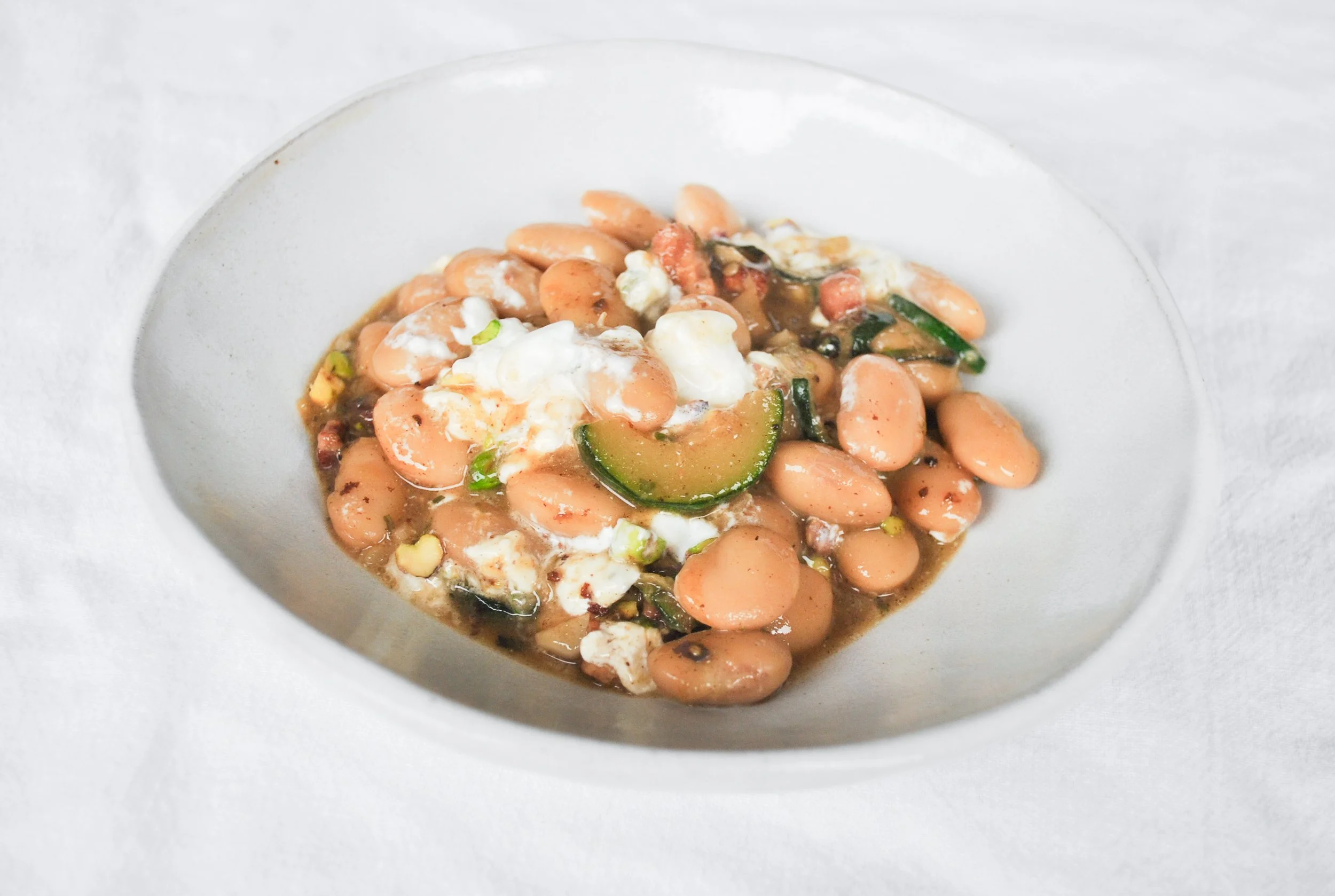 Creamy Butter Beans with Pancetta, Burrata & Pistachios