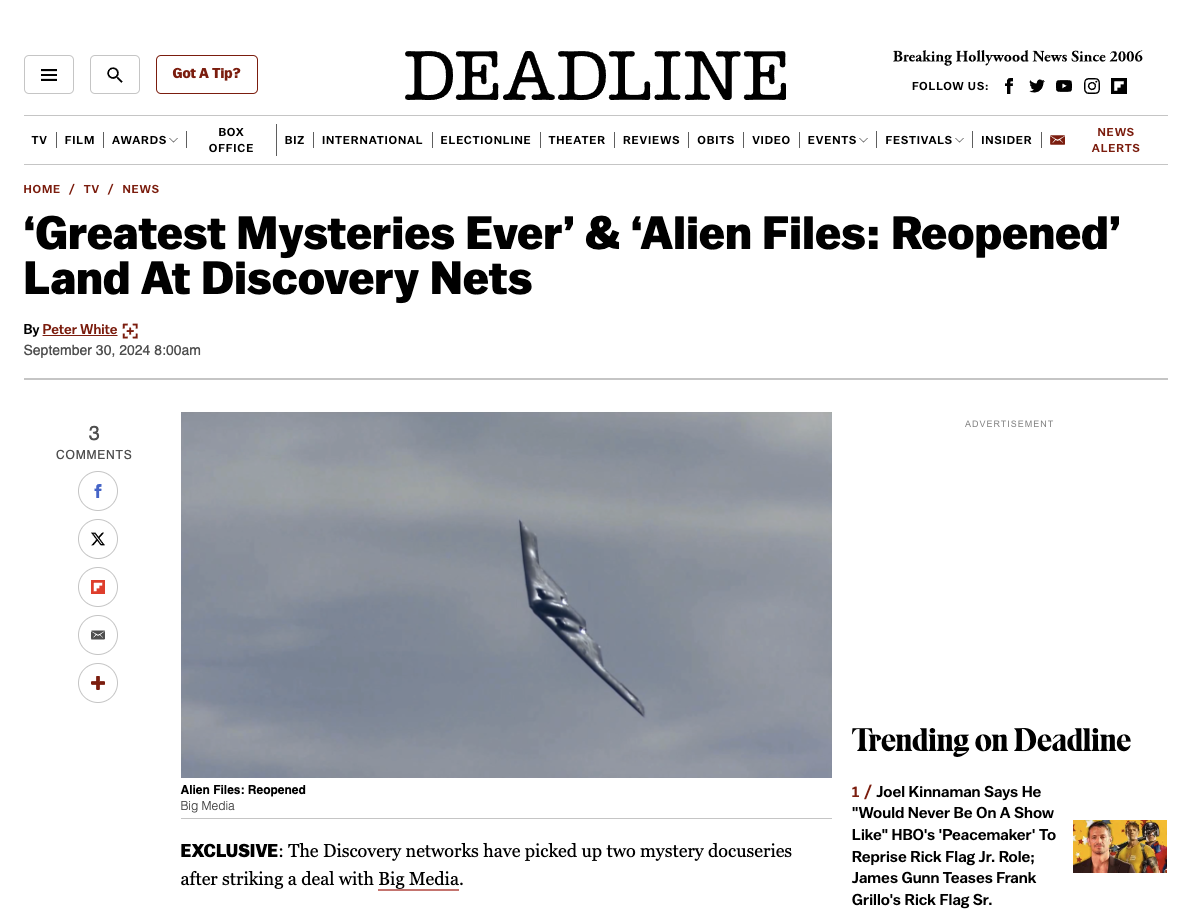 DEADLINE: ‘Greatest Mysteries Ever’ &amp; ‘Alien Files: Reopened’ Land At Discovery Nets