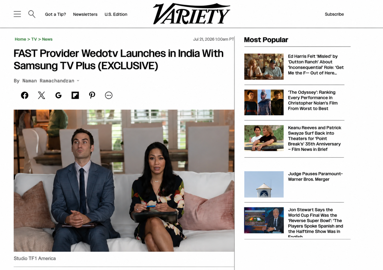Variety: FAST Provider Wedotv Launches in India With Samsung TV Plus (EXCLUSIVE)