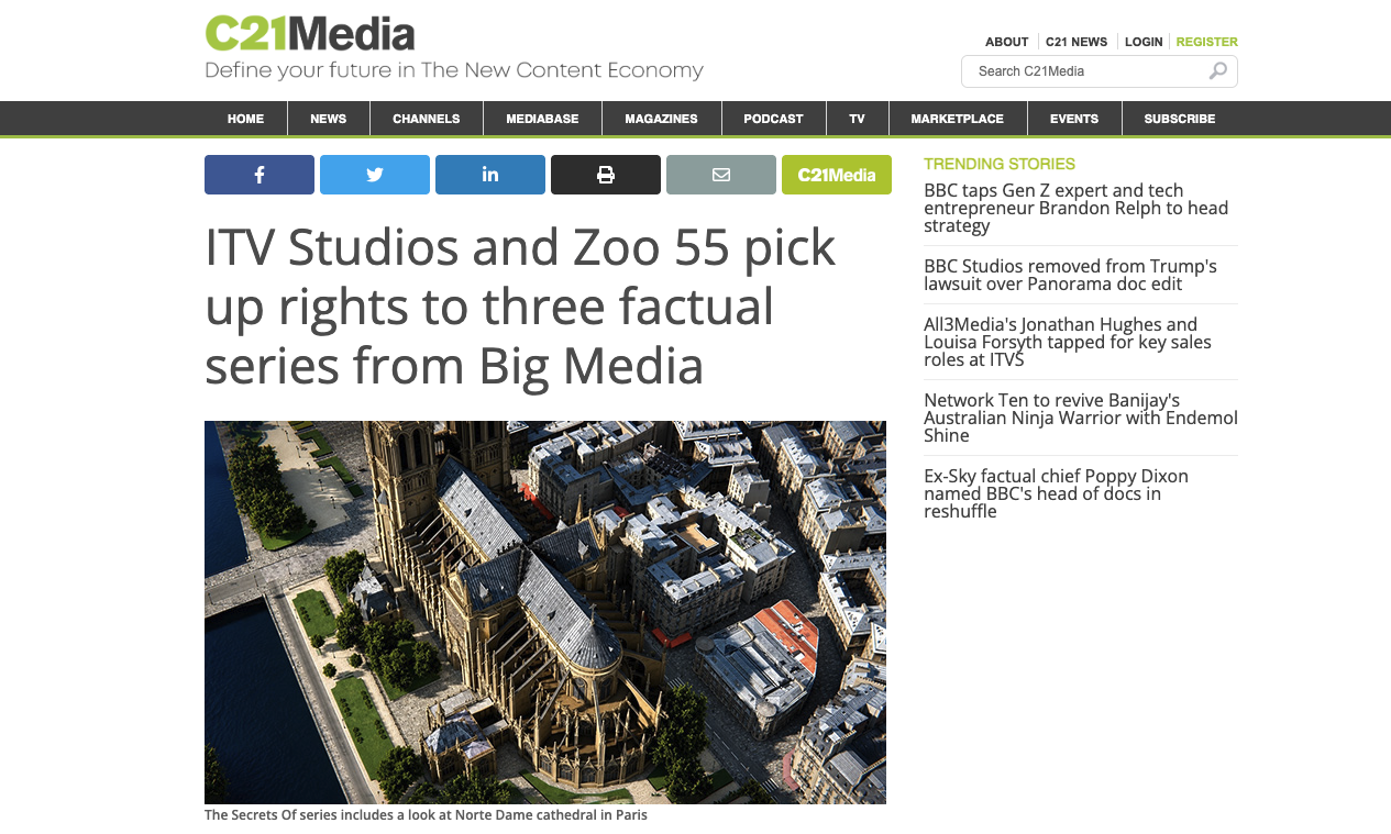 C21: ITV Studios and Zoo 55 pick up rights to three factual series from Big Media
