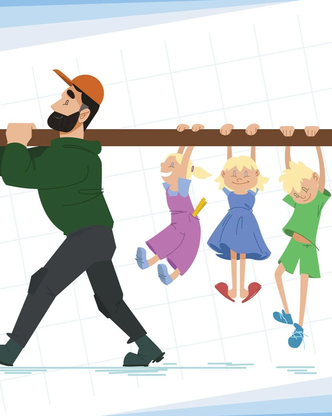 Dette er en illustrasjon som ble brukt i saken om snekkerpappaen. Han bærer en planke som hans tre barn holder seg fast i.