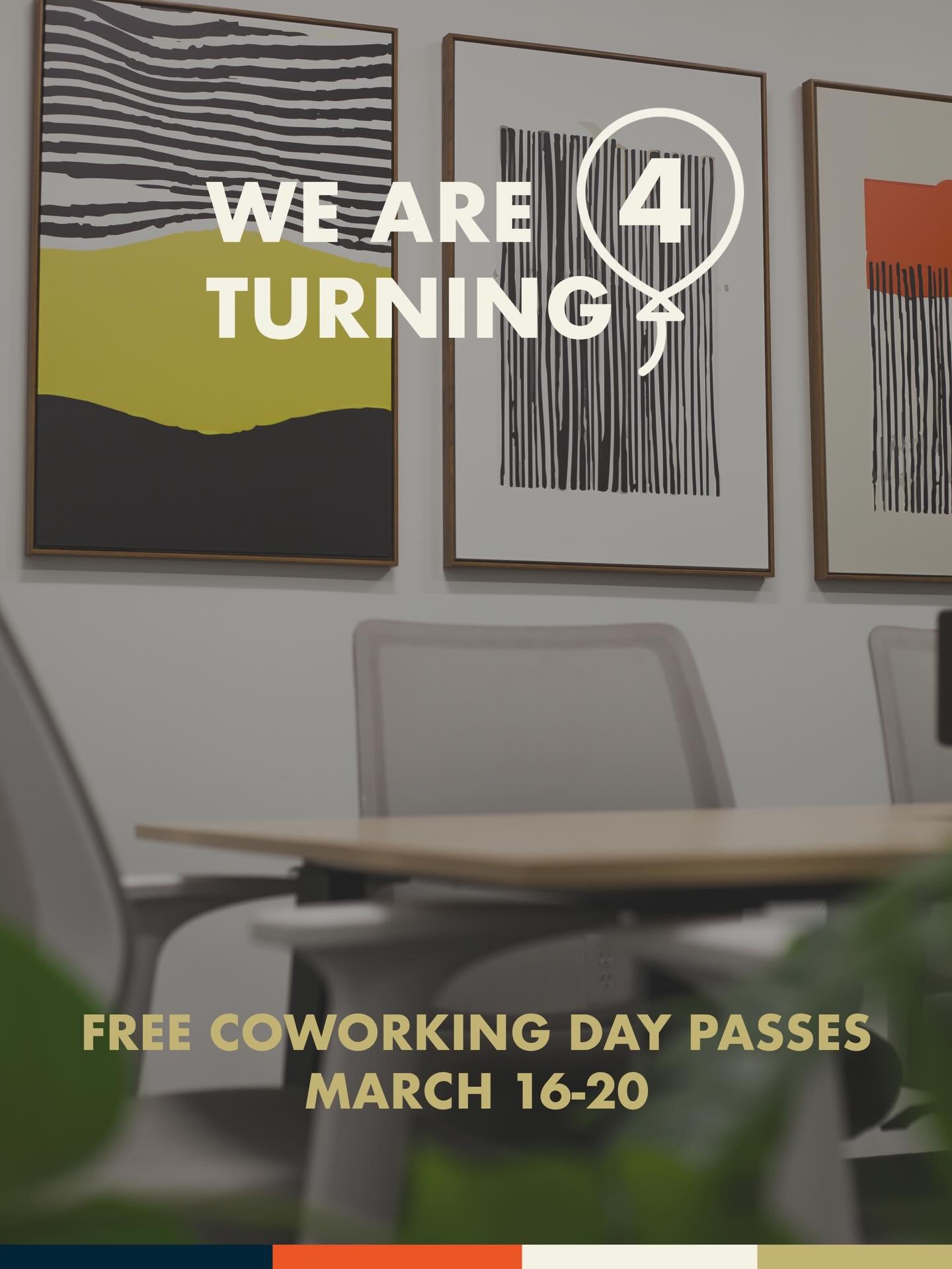We are turning 4️⃣ this month! 🎂

We have a lot coming in the coffee shop in celebration, but we want to let you know about an offer in the coworking space. We are offering 4️⃣ free coworking day passes each day the week of our birthday! You get all