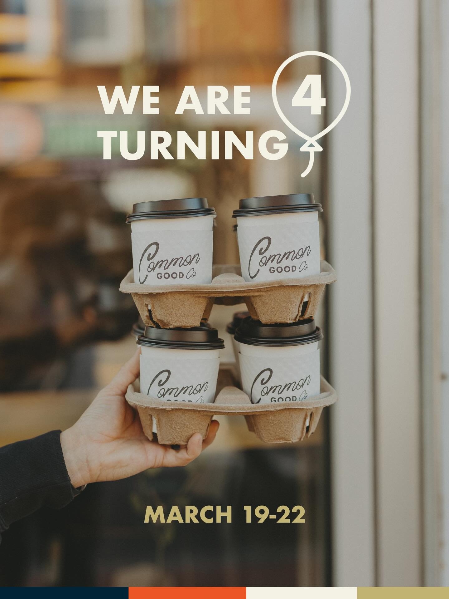 2 + 2 = 4 

We&rsquo;re celebrating four years next Thursday-Sunday by giving back to our customers and local non-profits. Double punches on our punch cards + double tokens for the giving wall (when you buy a Common Good coffee). 

Plus, we&rsquo;re 