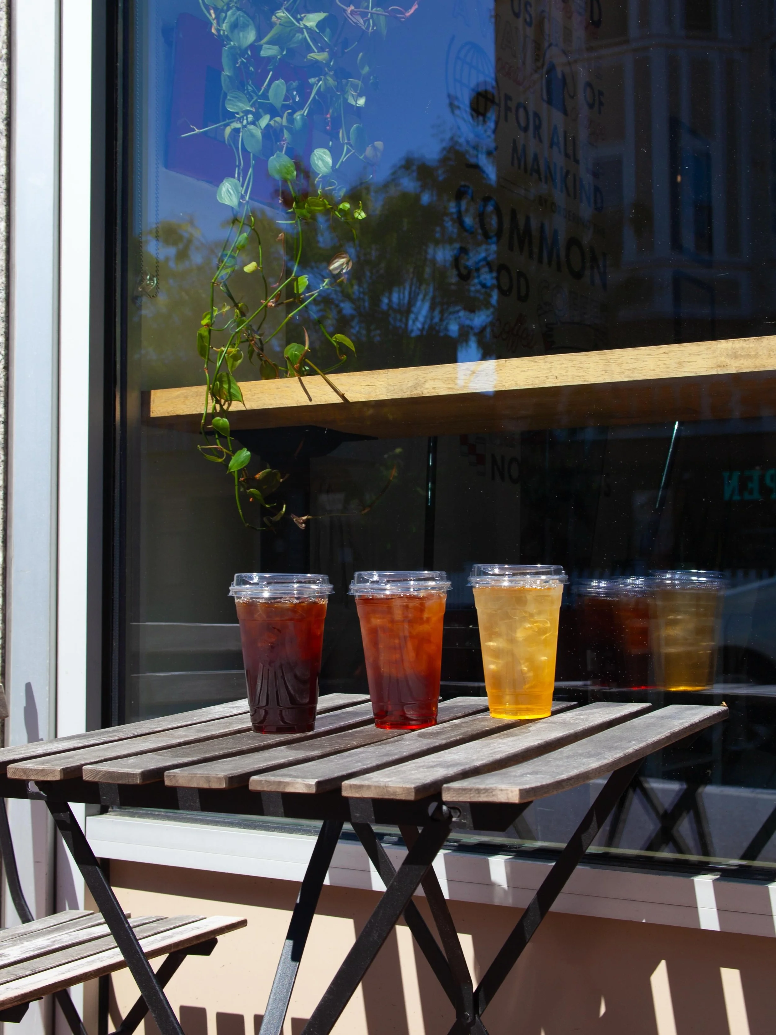 What&rsquo;s your go-to iced drink when the temperatures heat up? ☀️🧊😎

Pictured here: Iced coffee (dark), Peach Black Iced Tea, &amp; Green Iced Tea.