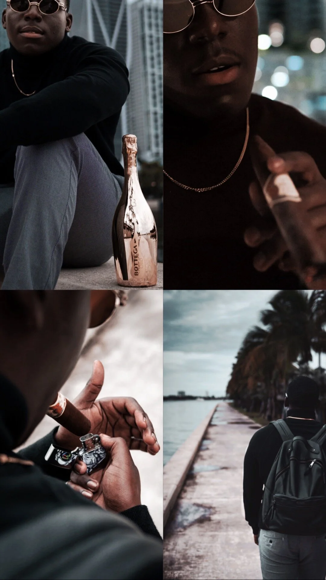 A collage of four images featuring a young man with dark skin. The top-left image shows him sitting with a reflective rose gold bottle in front of him, wearing dark sunglasses and a black long-sleeve shirt. The top-right image is a close-up of his fa