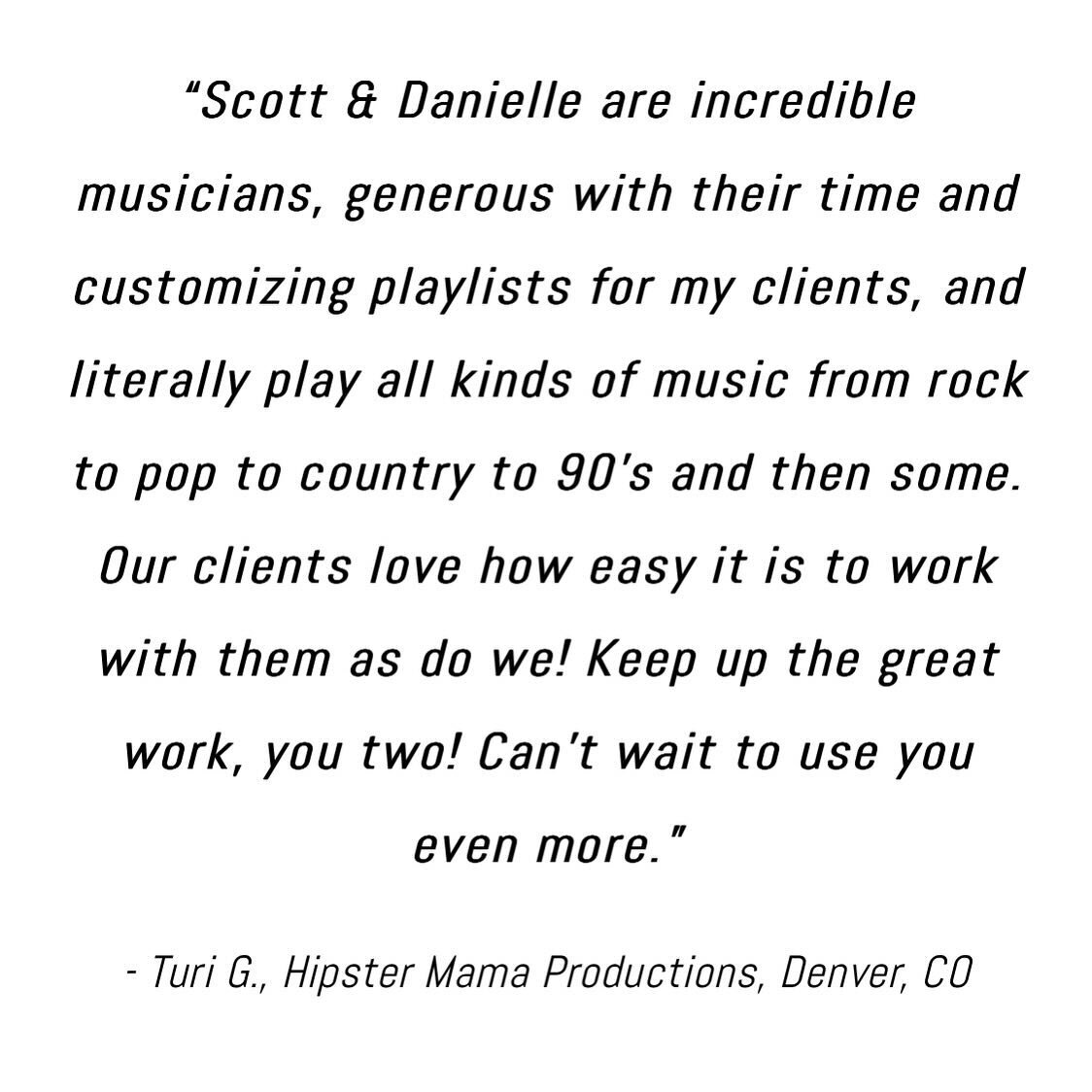 See what our clients are saying 🫶

We&rsquo;d love to talk with you about booking your event or private party. We offer options of an acoustic duo, electric duo with tracks for full sound, 3-piece band with percussion, or 4-piece full band to fit yo