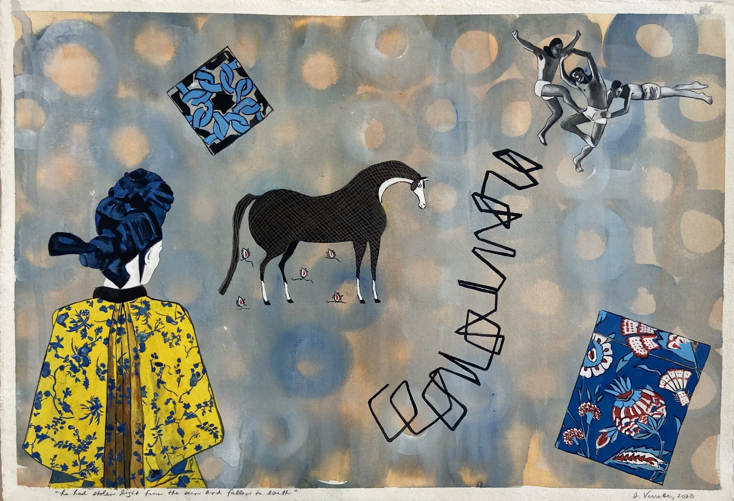 THEY HAD STOLEN LIGHT FROM THE SUN AND FALLEN TO EARTH   
 
Medium: Gouache on Handmade 100% Cotton Paper  
Size: 15 in x 22 in (38 cm x 56 cm)