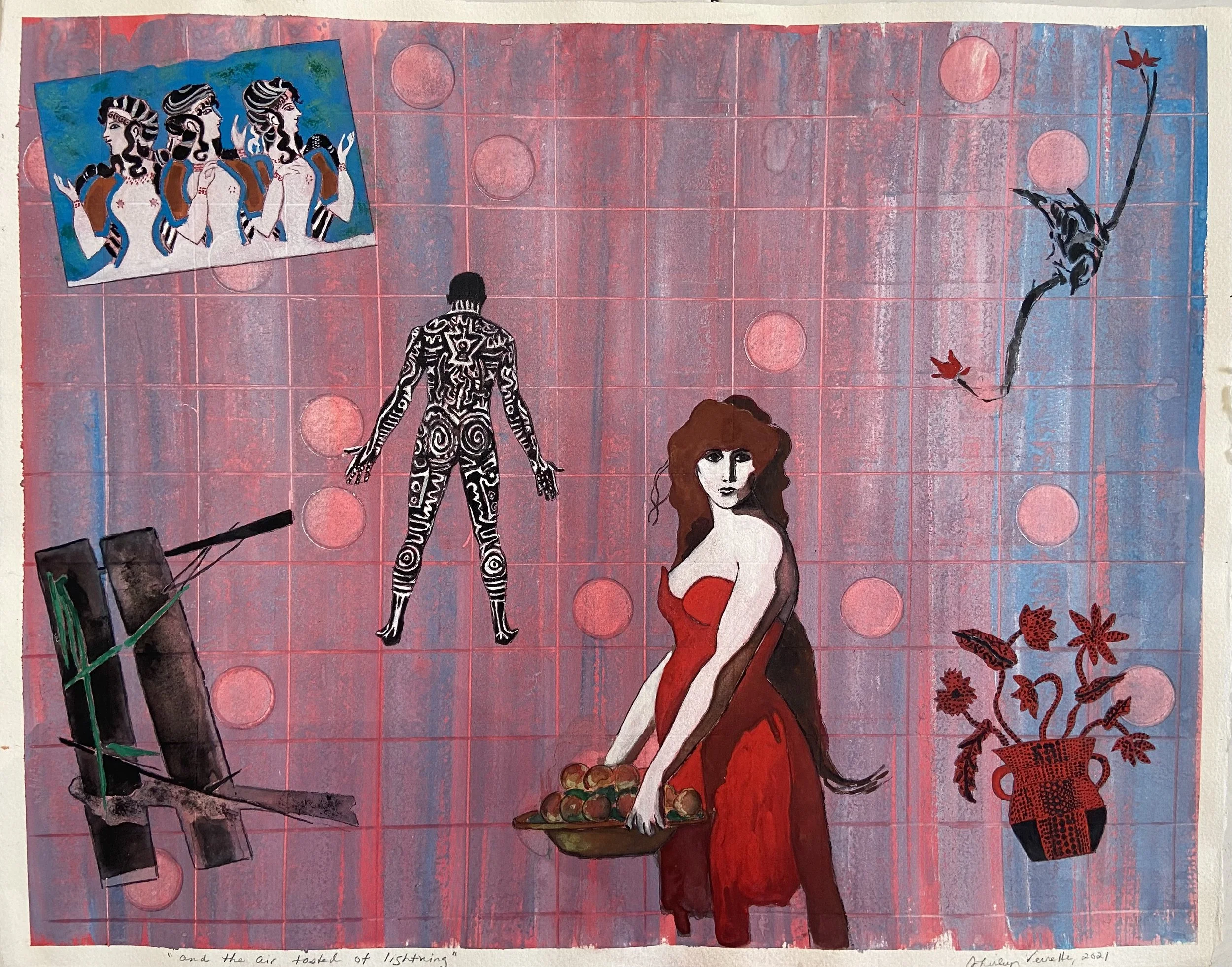 AND THE AIR TASTED OF LIGHTNING   
 
Medium: Gouache on Handmade 100% Cotton Paper  
Size: 15.5 in x 19.5 in (39 cm x 50 cm)