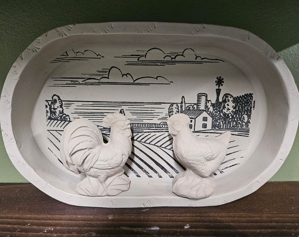 Playing with ideas with these new wooden forms I got called wallies. They allow me to get deep dishes like this, but I'm thinking of sitting them upright and making a wall-hanging with figures inside of them. 

What do you think of this farm themed o