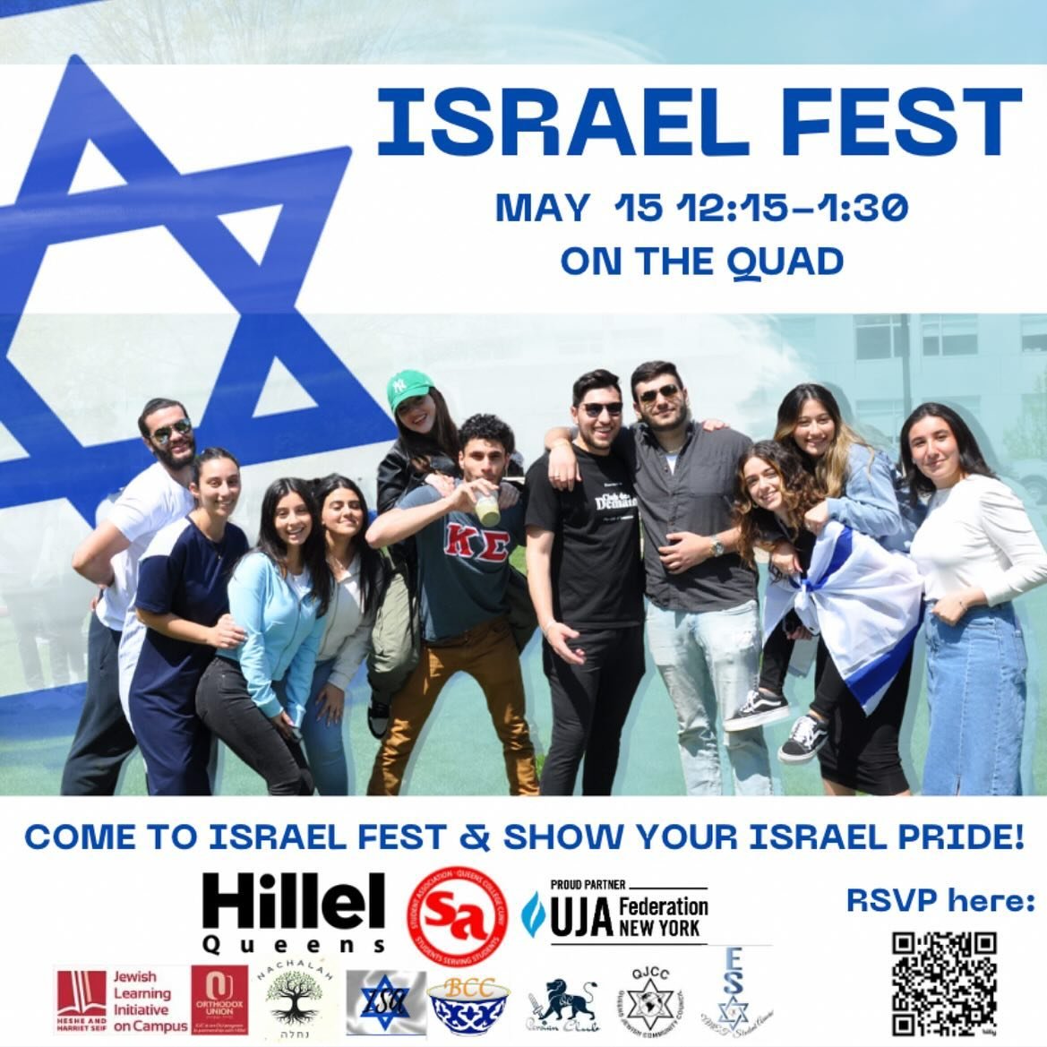 Join us at QC on May 15th for Israel Fest! We&rsquo;ll be out on the quad celebrating with food, music, and fun activities! Hope to see you there! 

Link in bio to register