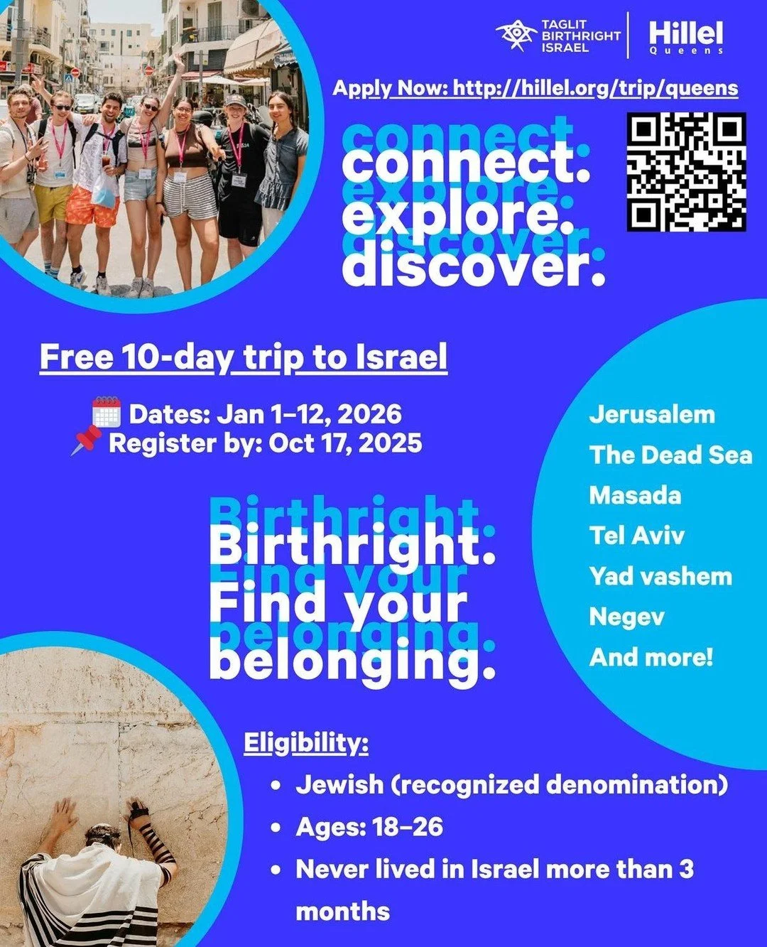 Have you been to Israel? Really? Come with Queens Hillel on Birthright, a free 10-day trip.⁠
Connect, Explore, Discover together the beautiful culture and history.⁠
⁠
Want to talk about it first, connect with our Israel Fellow, Eden @hillel_queens_if