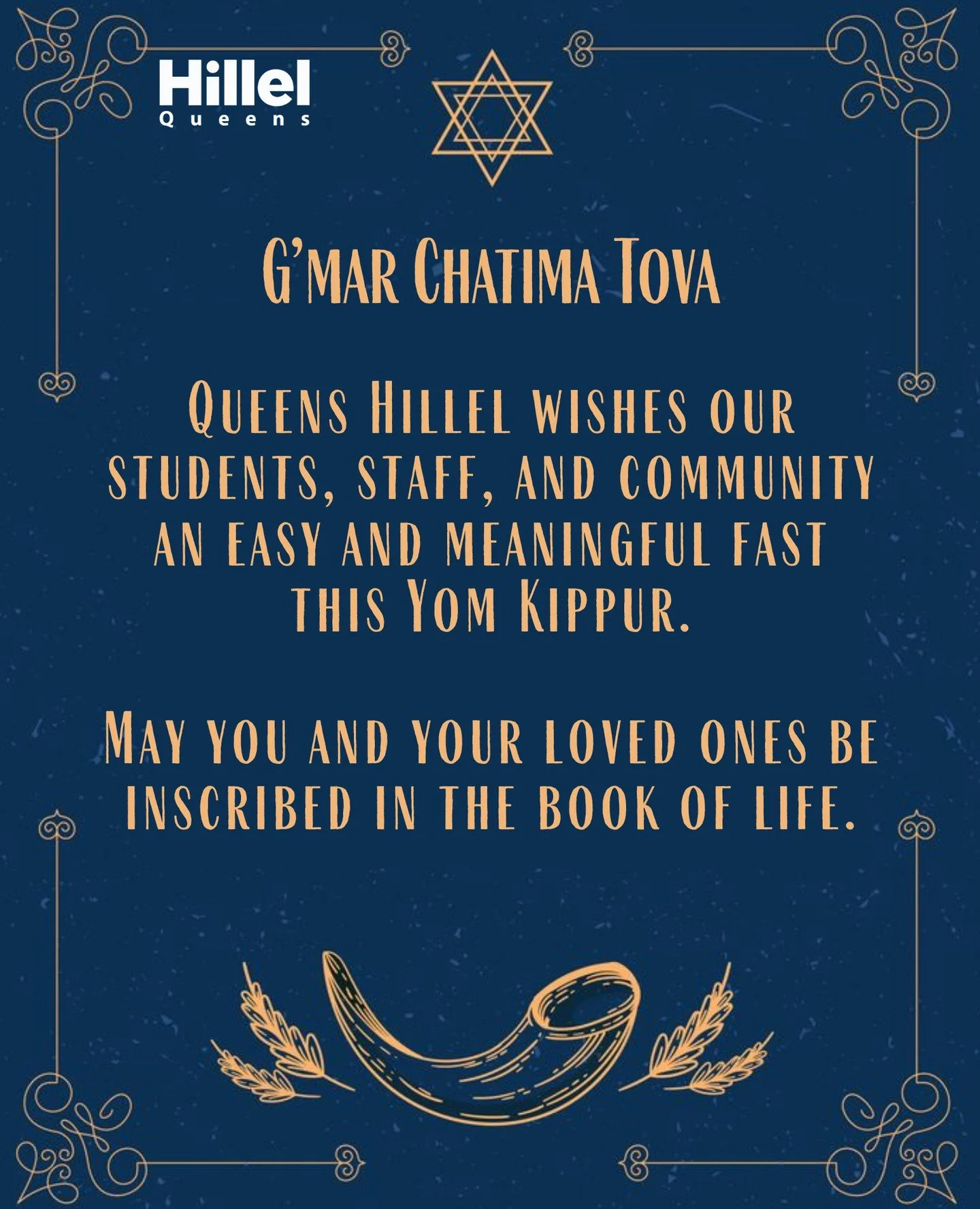 ✨ G&rsquo;mar Chatima Tova ✨ Queens Hillel wishes you Gmar Chatima Tova and a meaningful fast. 🕊️