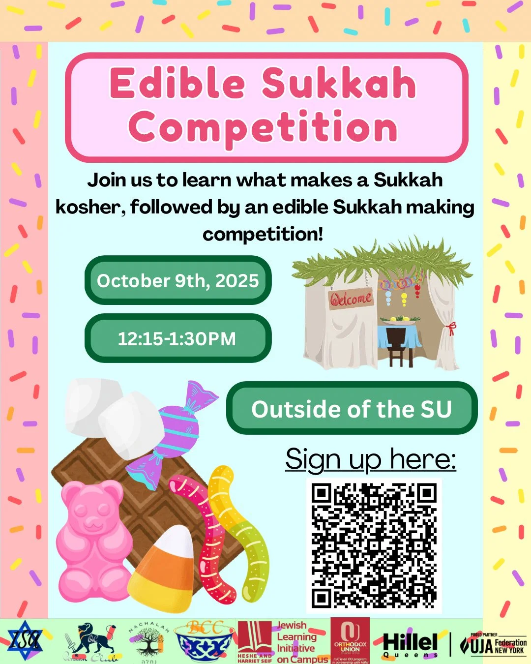 Happening THIS Thursday! Join ALL of our Queens Hillel partnered clubs as we build EDIBLE Sukkot (temporary huts) out of candy and sweets!⁠
Make the most authentic, and delicious Sukkah! 🍫🍭