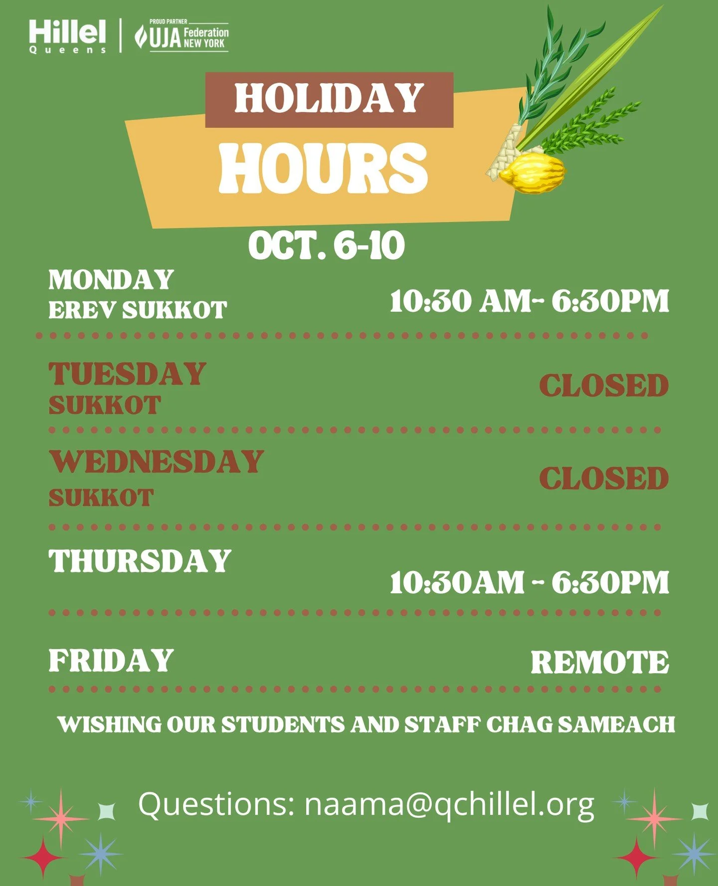 Chag Sameach!⁠
Queens Hillel will be closed the next 2 days for Sukkot!⁠
Wishing you a Z'man Simchateinu (Time of Happiness)!