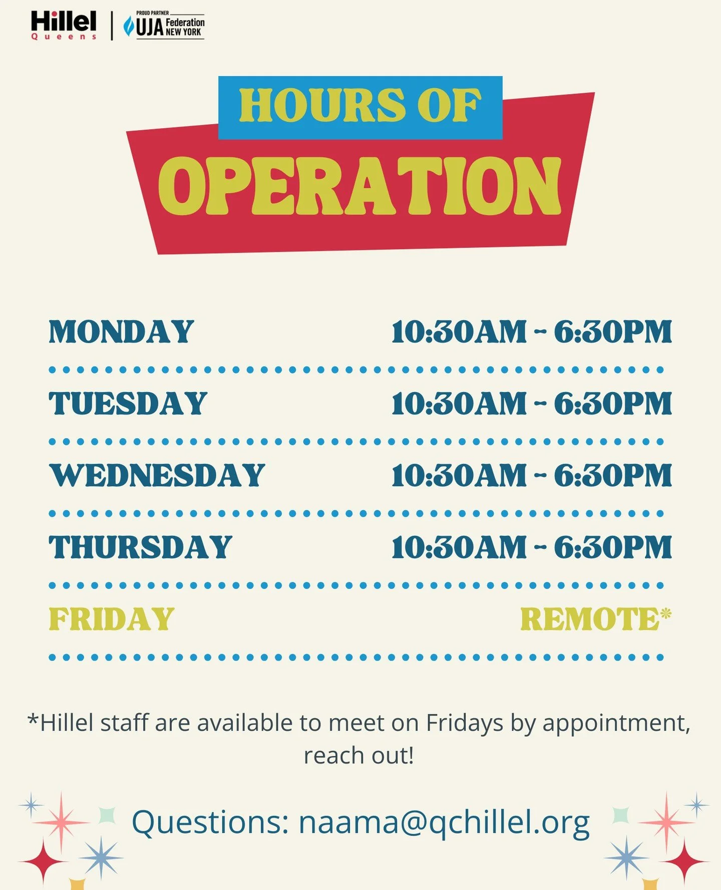 With the Chaggim (Jewish Holidays) behind us, we are BACK to our regularly scheduled hour of operation!
Check out all that Queens Hillel is offering as we continue the semester strong!