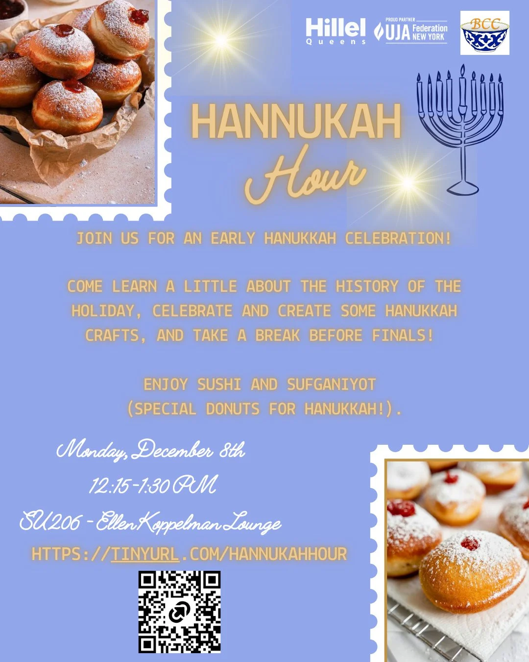 🕎✨ Hannukah is coming and we&rsquo;ve got amazing events to celebrate! ✨🕎⁠
⁠
First up&hellip;⁠
🔥 Hannukah Hour⁠
Learn a little holiday history, make fun Hannukah crafts, and enjoy sushi + sufganiyot ⁠
📅 Monday, Dec 8⁠
⏰ 12:15&ndash;1:30 PM⁠
📍 SU